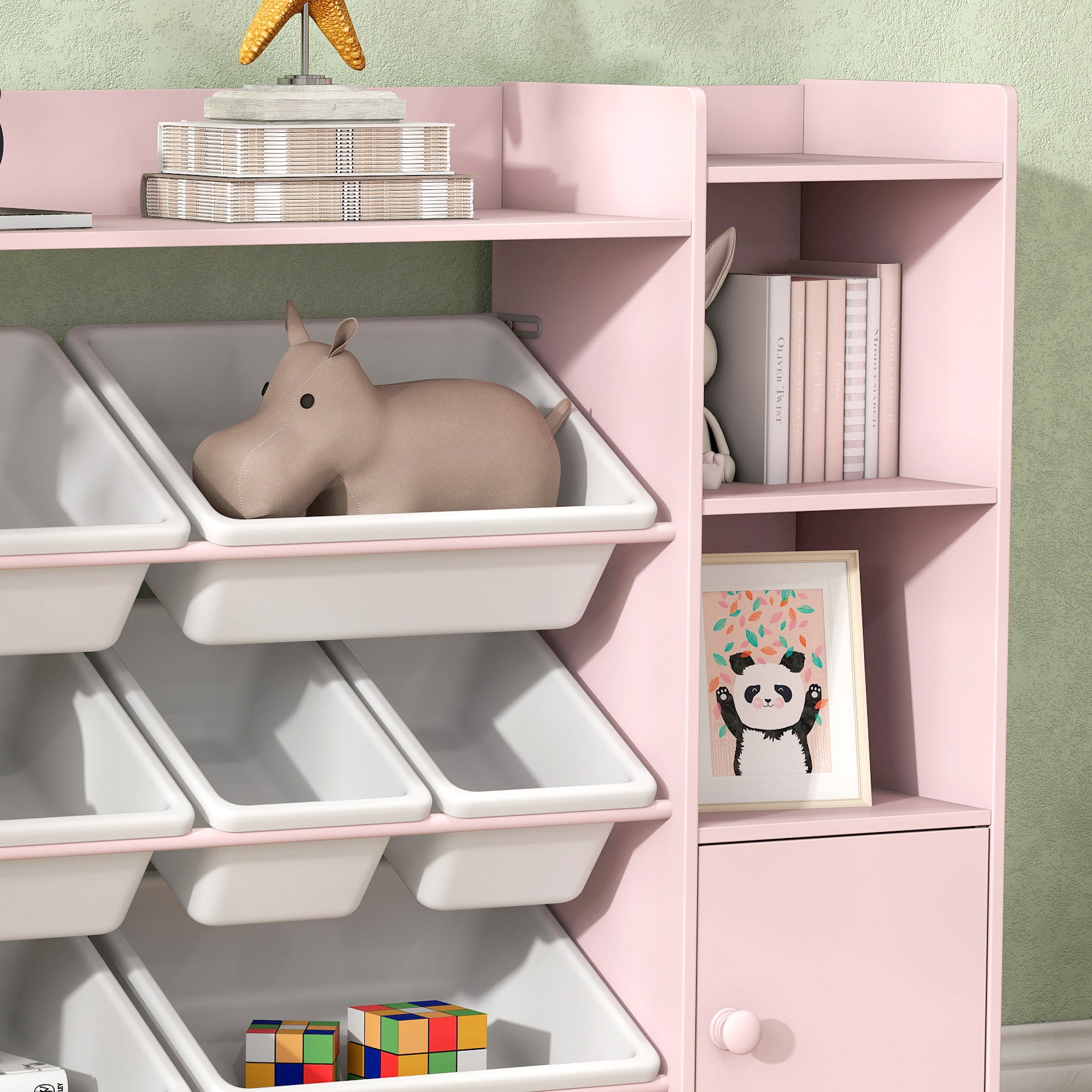 AIYAPLAY Kids Toy Organizers and Storage with 8 Removable Storage Bins and Bookshelf, Pink