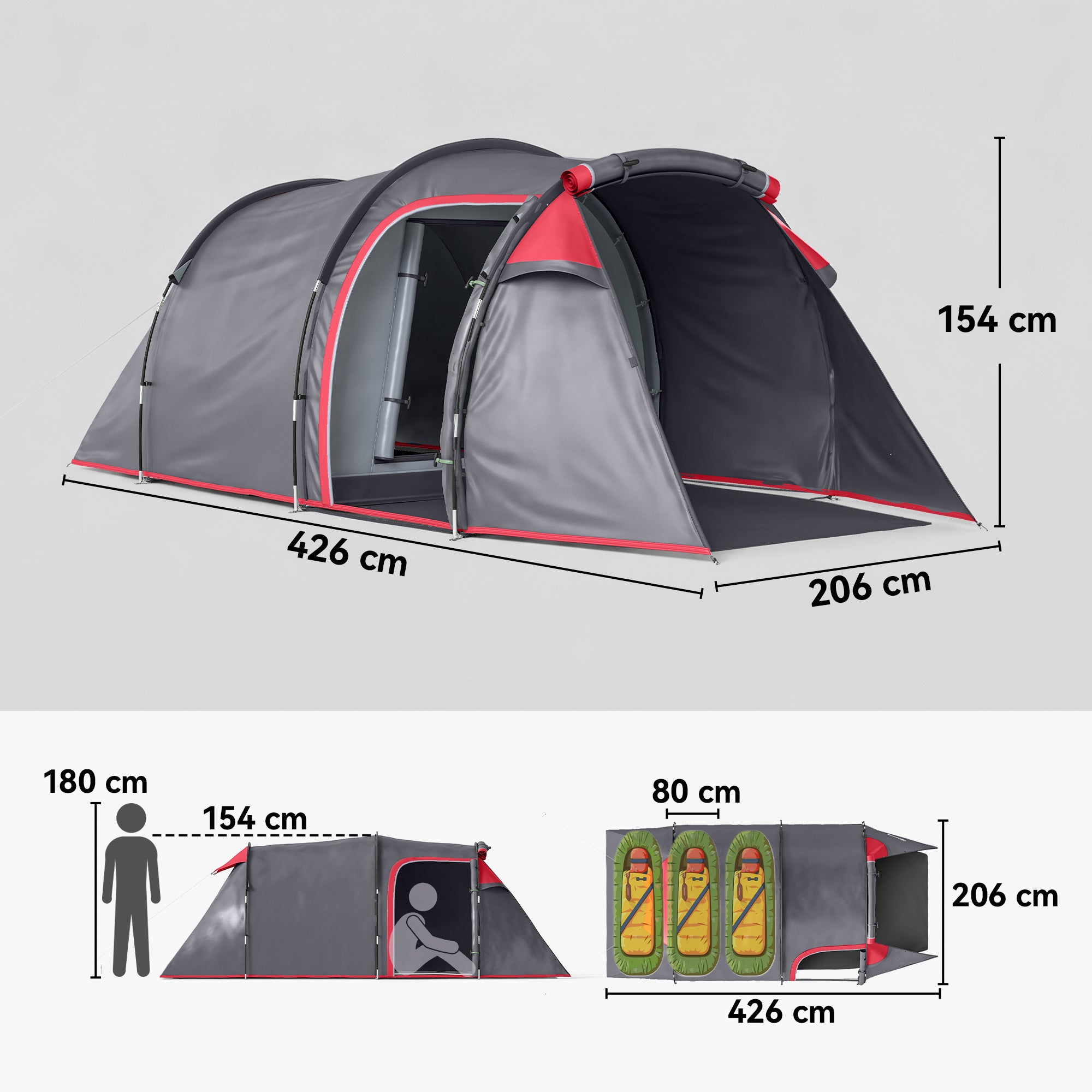 Outsunny 2-3 Person Tunnel Tent with Sewn-in Groundsheet, Air Vents, Rainfly, 2000mm Water Column, Camping Tent with 1 Bedroom, Inbuilt Porch, Living Area for Camping, Hiking, Grey
