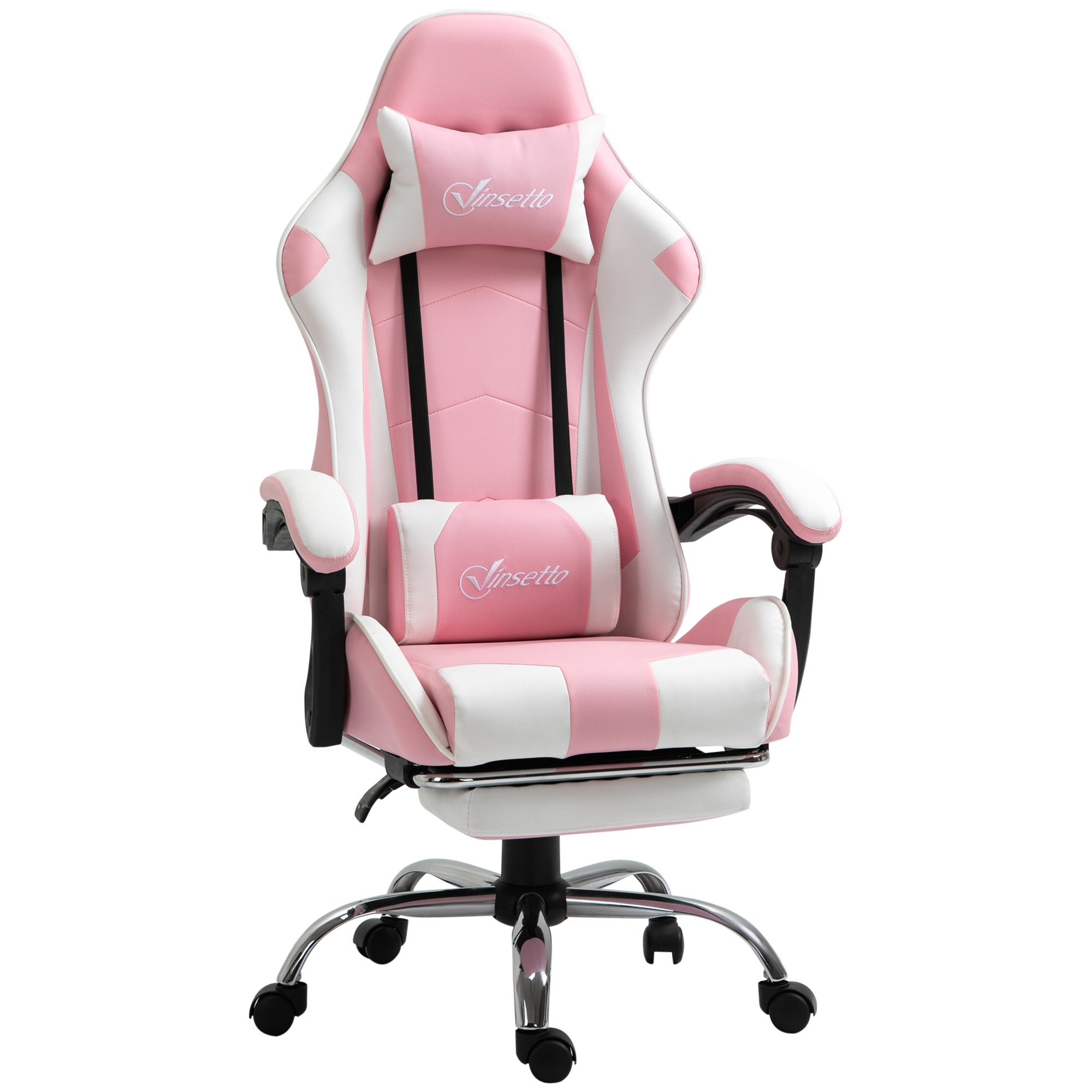 Vinsetto Pink Computer Gaming Chair, Desk Chair with 135° Reclining Back and Retractable Footrest, Adjustable PU Leather Lumbar Support and Headrest, Steel Base for Adults, Girls