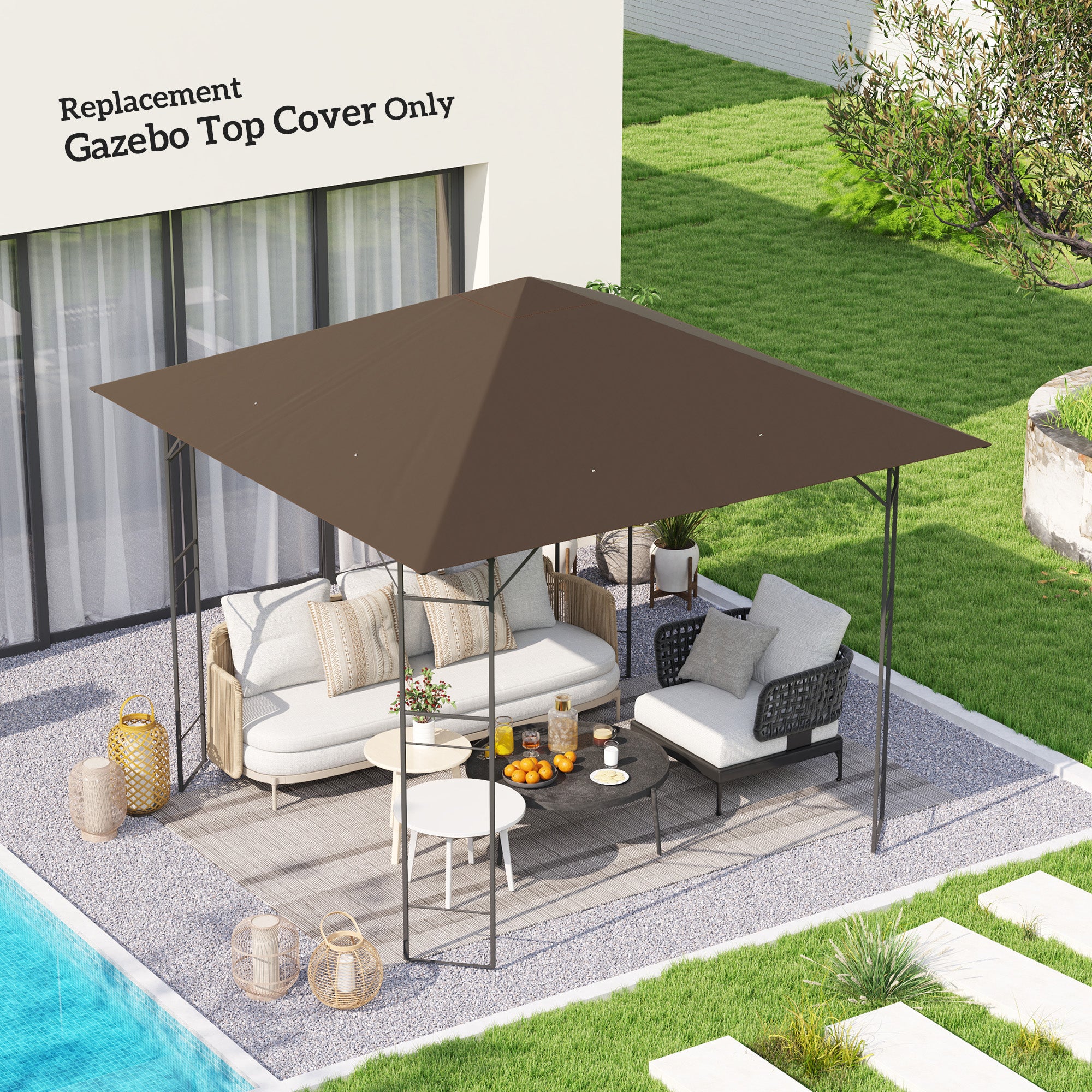 Outsunny 3 x 3(m) Gazebo Canopy Replacement Cover, Garden Gazebo Roof Replacement with Drain Holes, Water-resistant Plastic Coating, 370g/㎡, UPF30+, TOP COVER ONLY, Brown - North Peak Garden Furniture