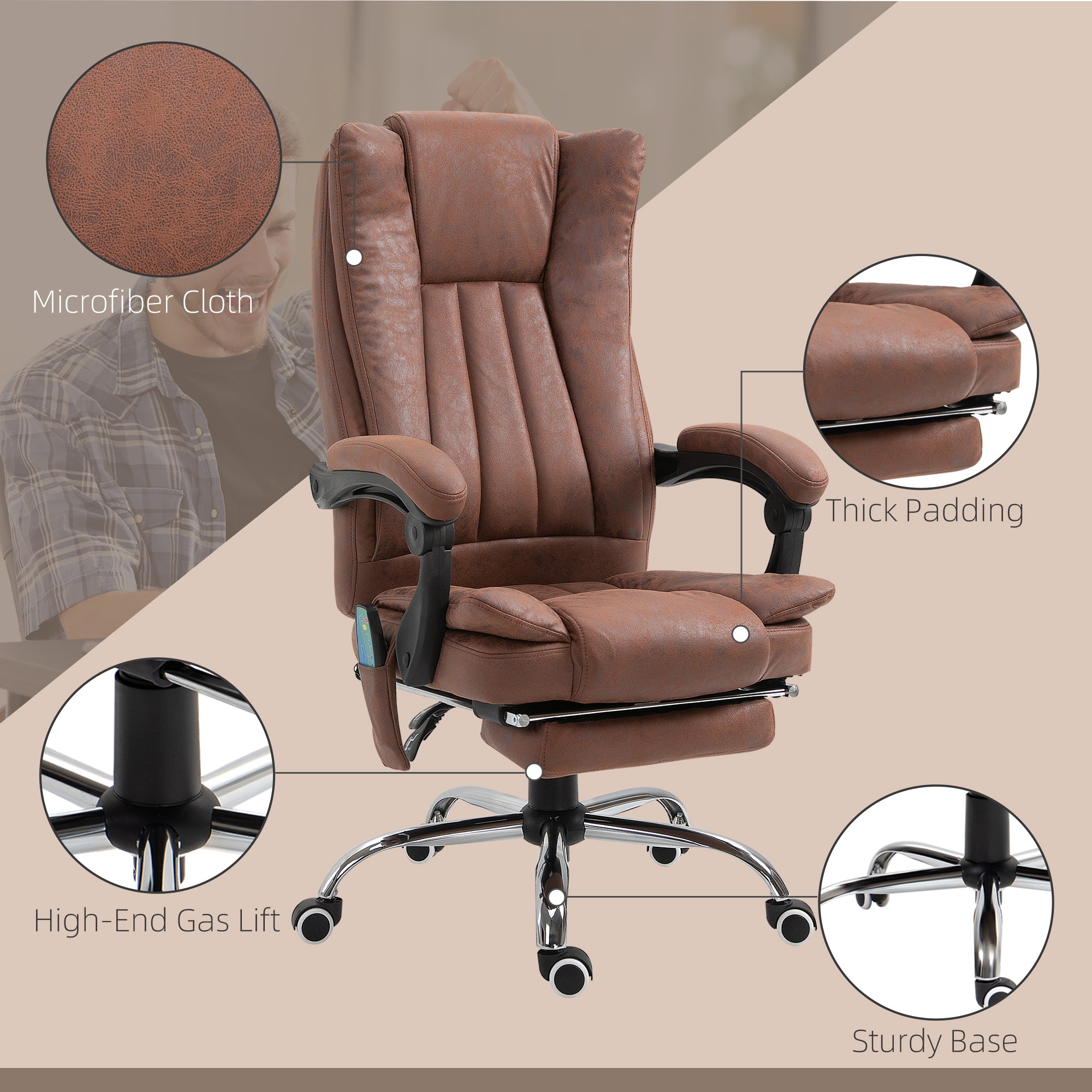 Vinsetto Office Chair with Massage and Heat, Microfibre Reclining Computer Desk Chair with Footrest and Adjustable Height, Swivel Wheels for Home Office, Brown - North Peak Garden Furniture