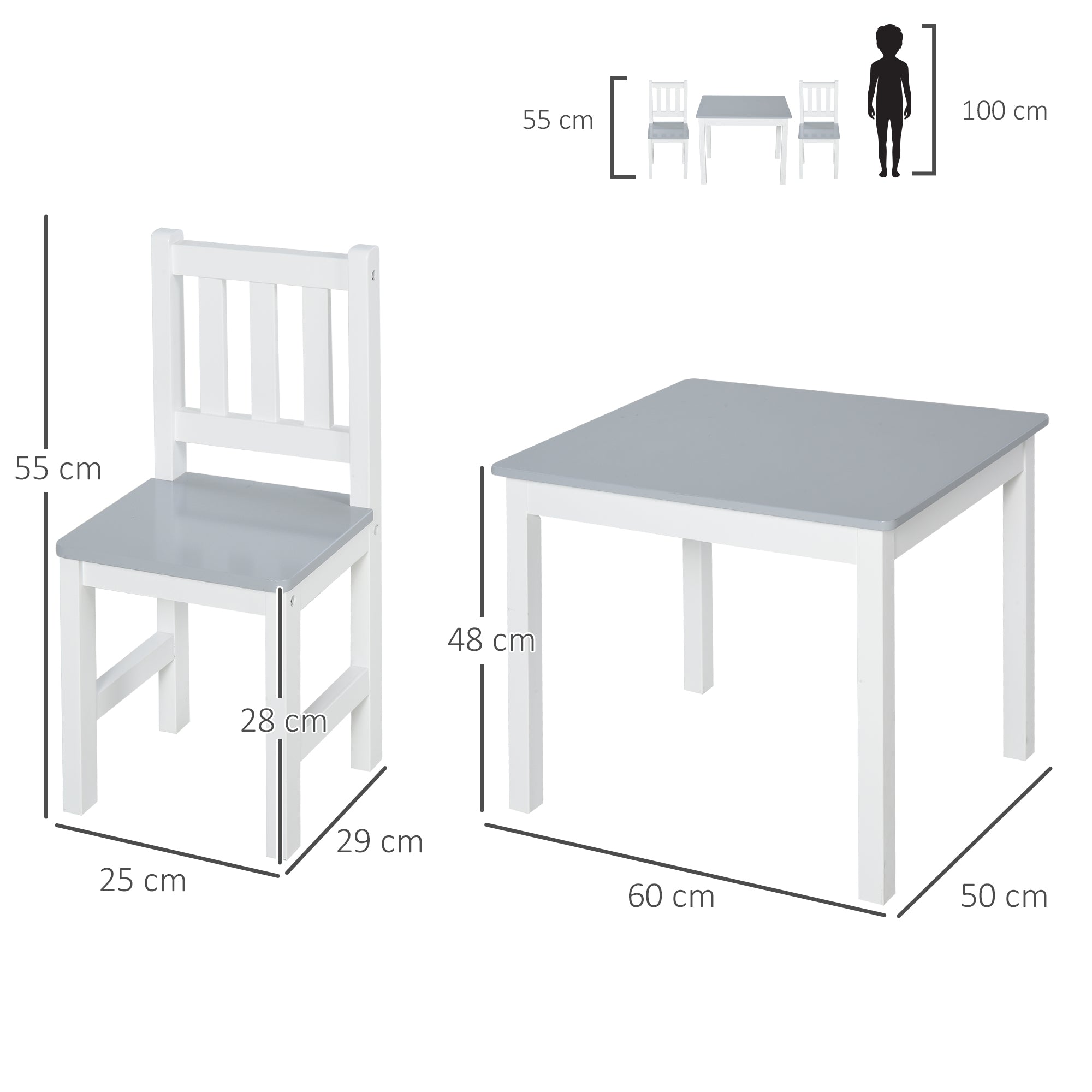 HOMCOM Kids Table and Chair Set 3 Pieces Toddler Preschoolers Desk with 2 Chairs for Indoor Study Rest Snack Time Grey - North Peak Garden Furniture