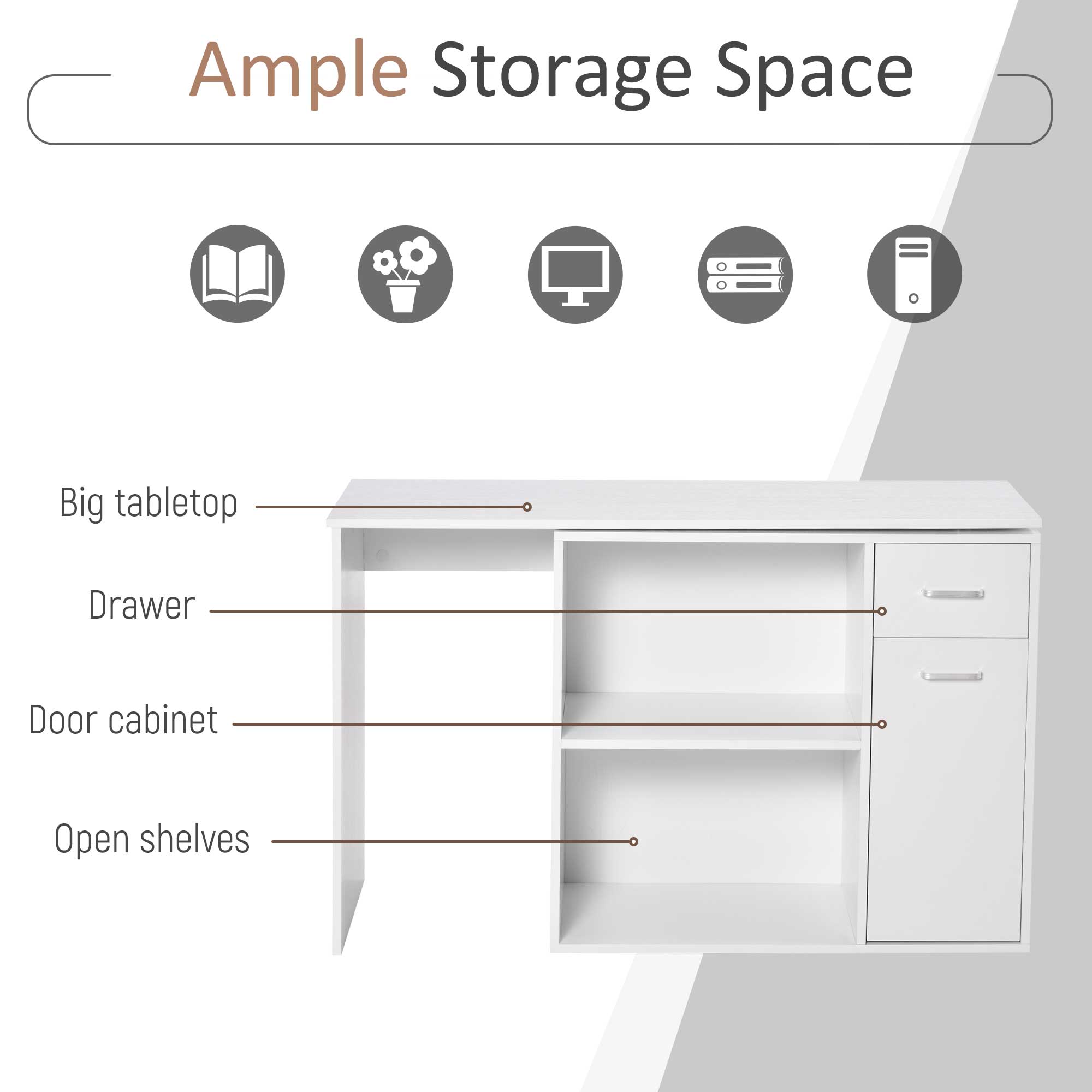 HOMCOM L-Shaped Desk, Corner Computer Desk, Adjustable Study Table with Storage Shelf, Drawer and Cabinet, Workstation for Home Office, White Wood Grain