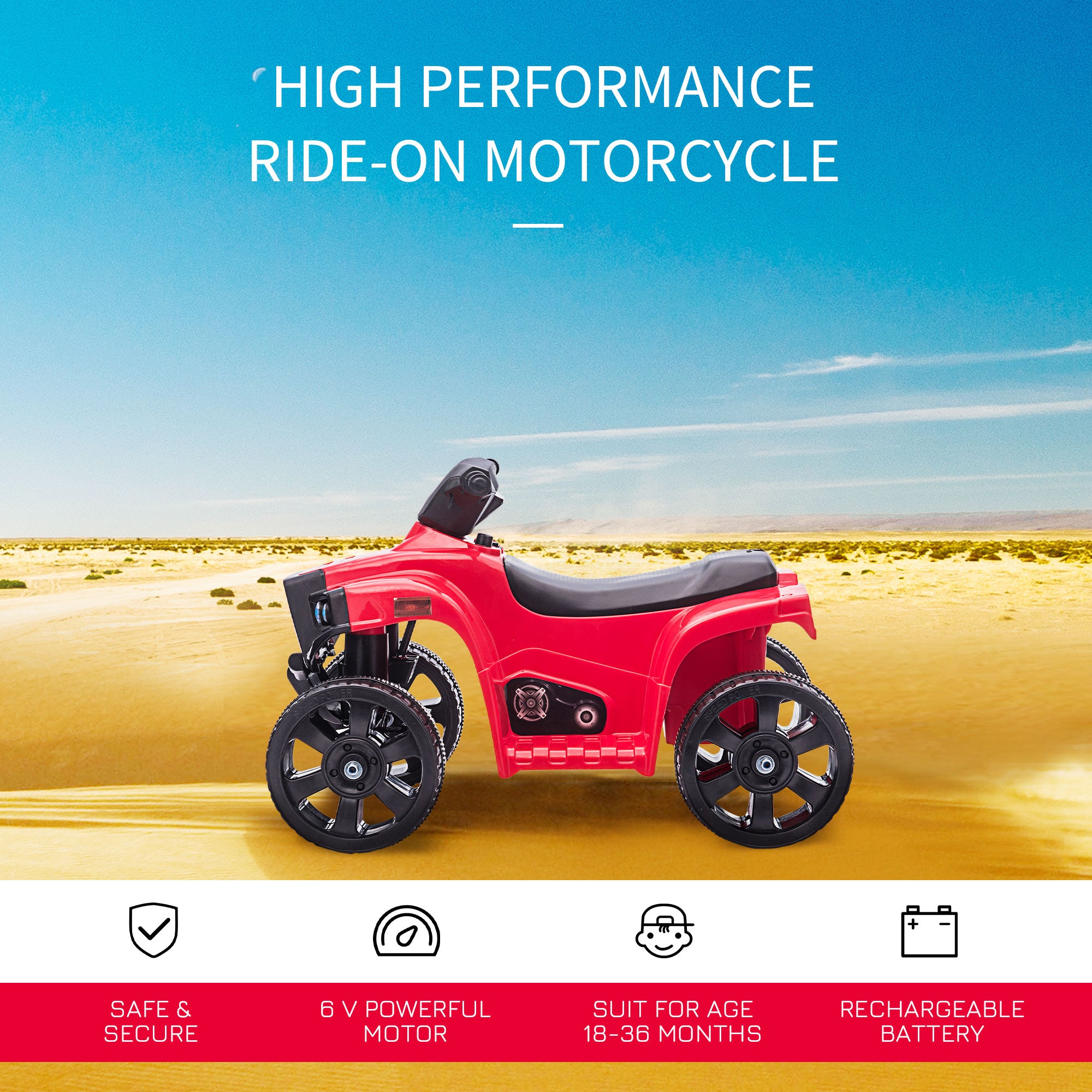 HOMCOM 6V Kids Electric Ride on Car All Terrain Vehicle Toy Quad Bike With Headlights for Toddlers 18-36 months Red - North Peak Garden Furniture