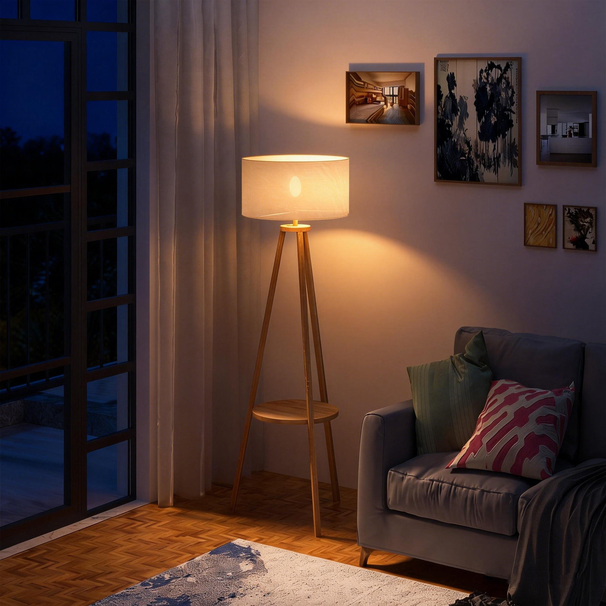 HOMCOM Free Standing Tripod Floor Lamp Bedside Light Reading Light with Storage Shelf Linen Shade for Living Room Bedroom, 154cm, Cream