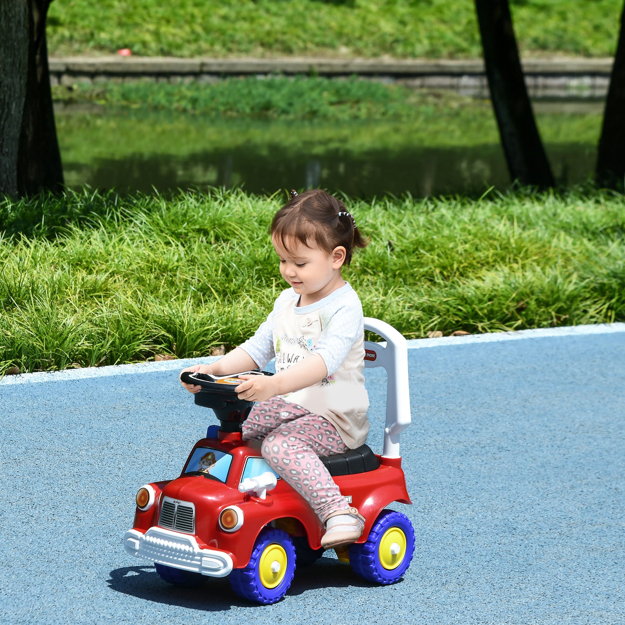 AIYAPLAY Ride On Fire Truck Foot to Floor Design with Under Seat Storage, Steering Wheel, Music, Light, for 1.5-3 Years, Red - North Peak Garden Furniture