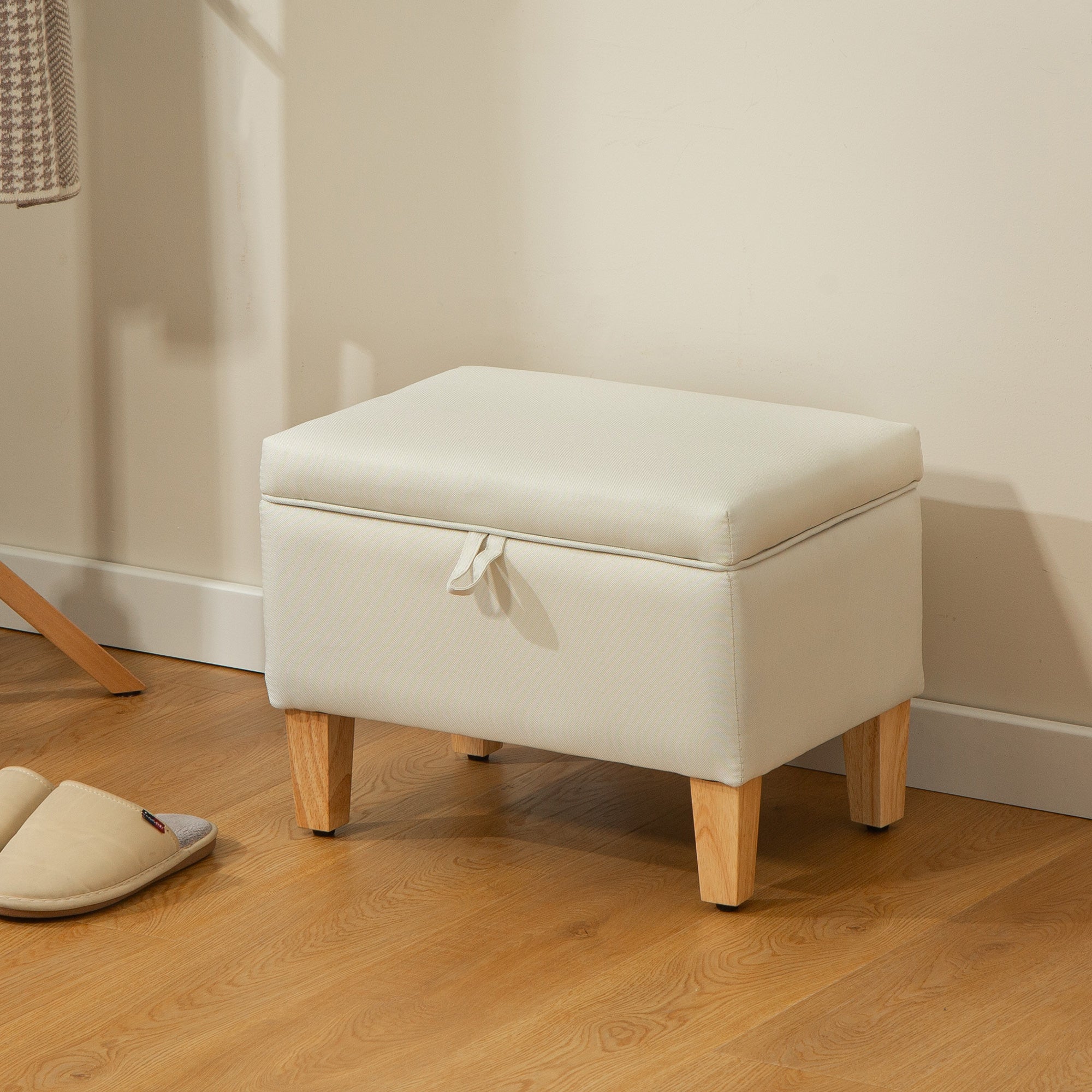 HOMCOM 16L Linen Storage Ottoman Padded Footstool with Rubberwood Legs for Storage Box, Bed End, Shoe Bench, Seating, Beige