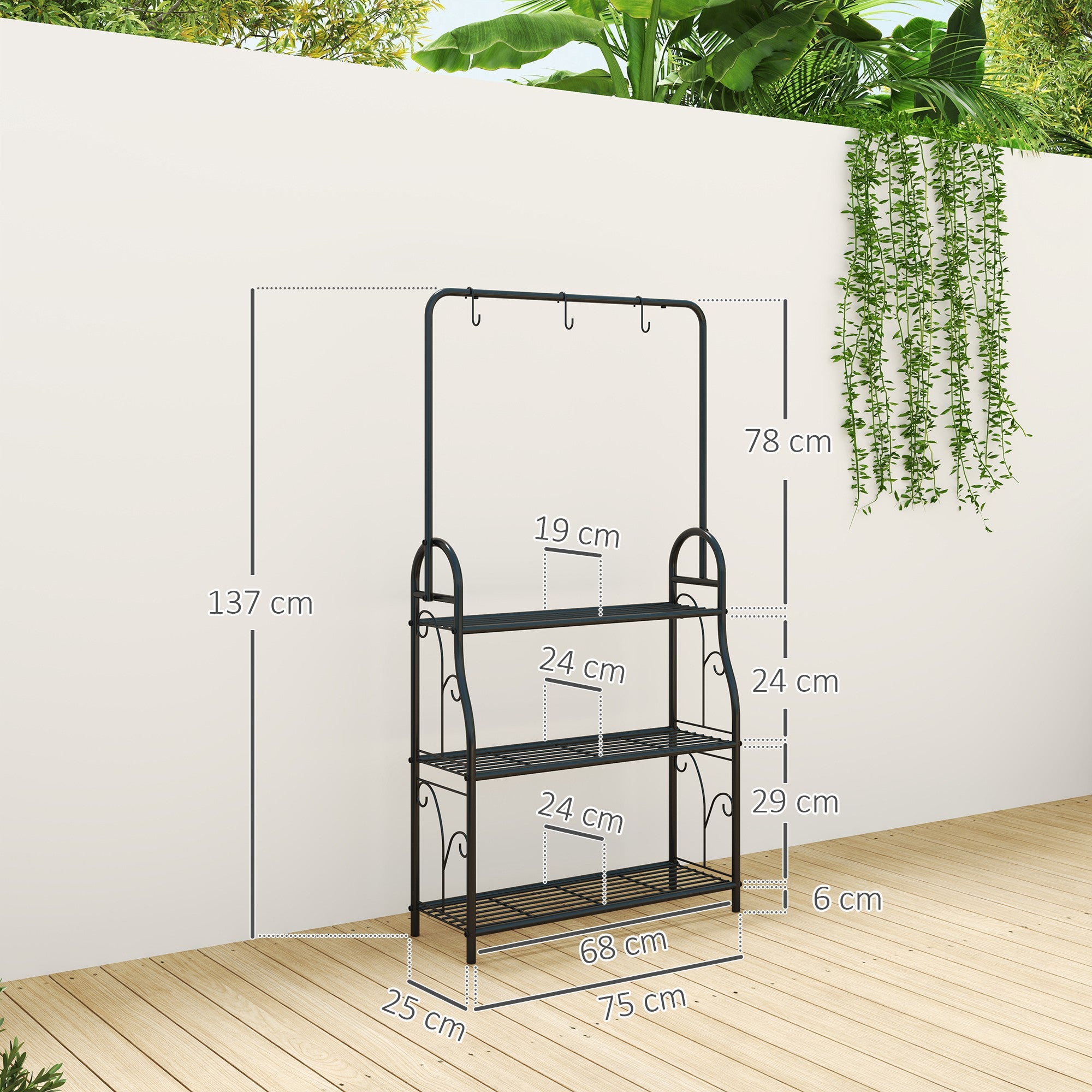 Outsunny 3 Tier Plant Stand with Hanging Rod and Hooks, Metal Plant Rack Shelf, Ladder Flower Pot for Indoor Outdoor Porch Balcony Living Room Bedroom, Black - North Peak Garden Furniture