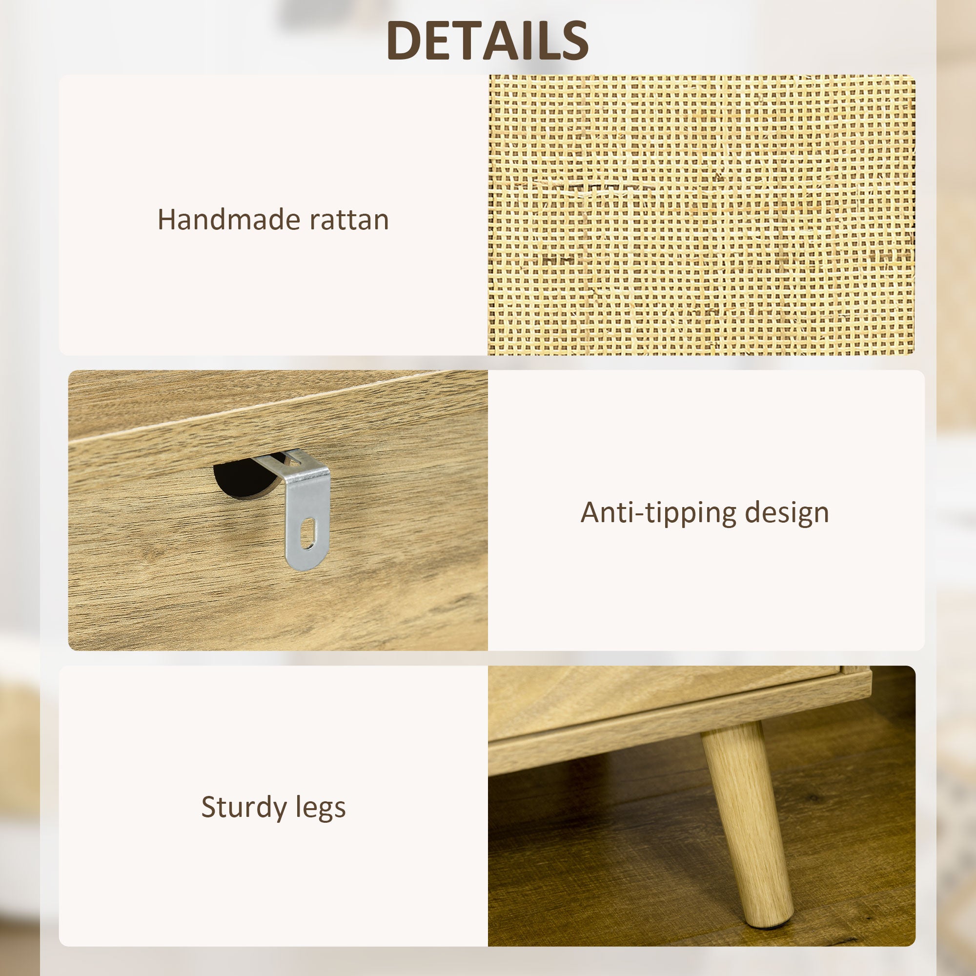 HOMCOM Bedside Table with Rattan Element, Side End Table with Shelf and Cupboard, 39cmx35cmx60cm, Natural - North Peak Garden Furniture