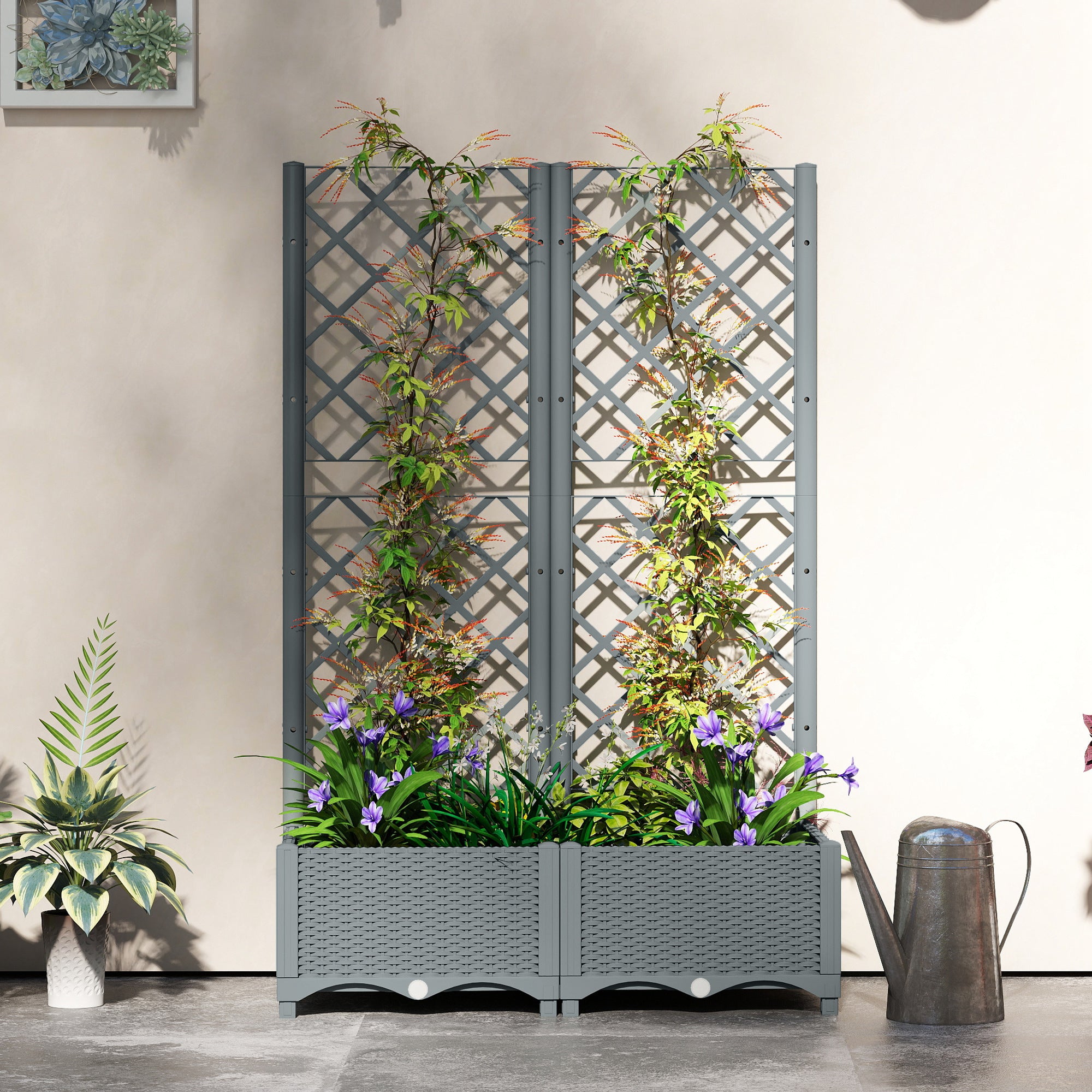 Outsunny Raised Garden Bed with Trellis, Plastic Planter Box with Drainage Holes, Drain Plugs and Water Reservoirs for Climbing Plants, Vegetables, Flowers, Grey