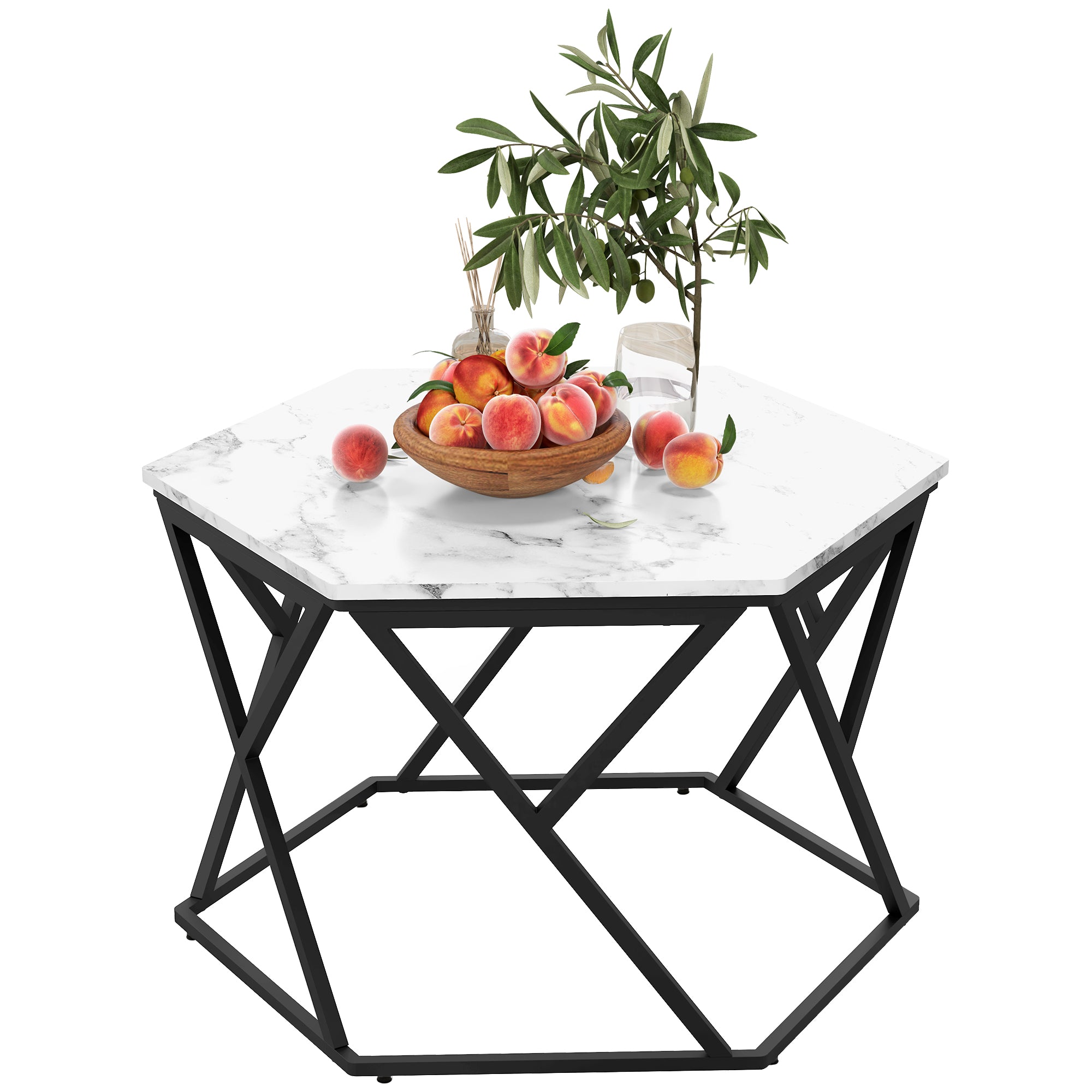 HOMCOM Hexagonal Coffee Table with High Gloss Marble Effect Table Top, Modern Cocktail Table with Steel Frame for Living Room, White - North Peak Garden Furniture