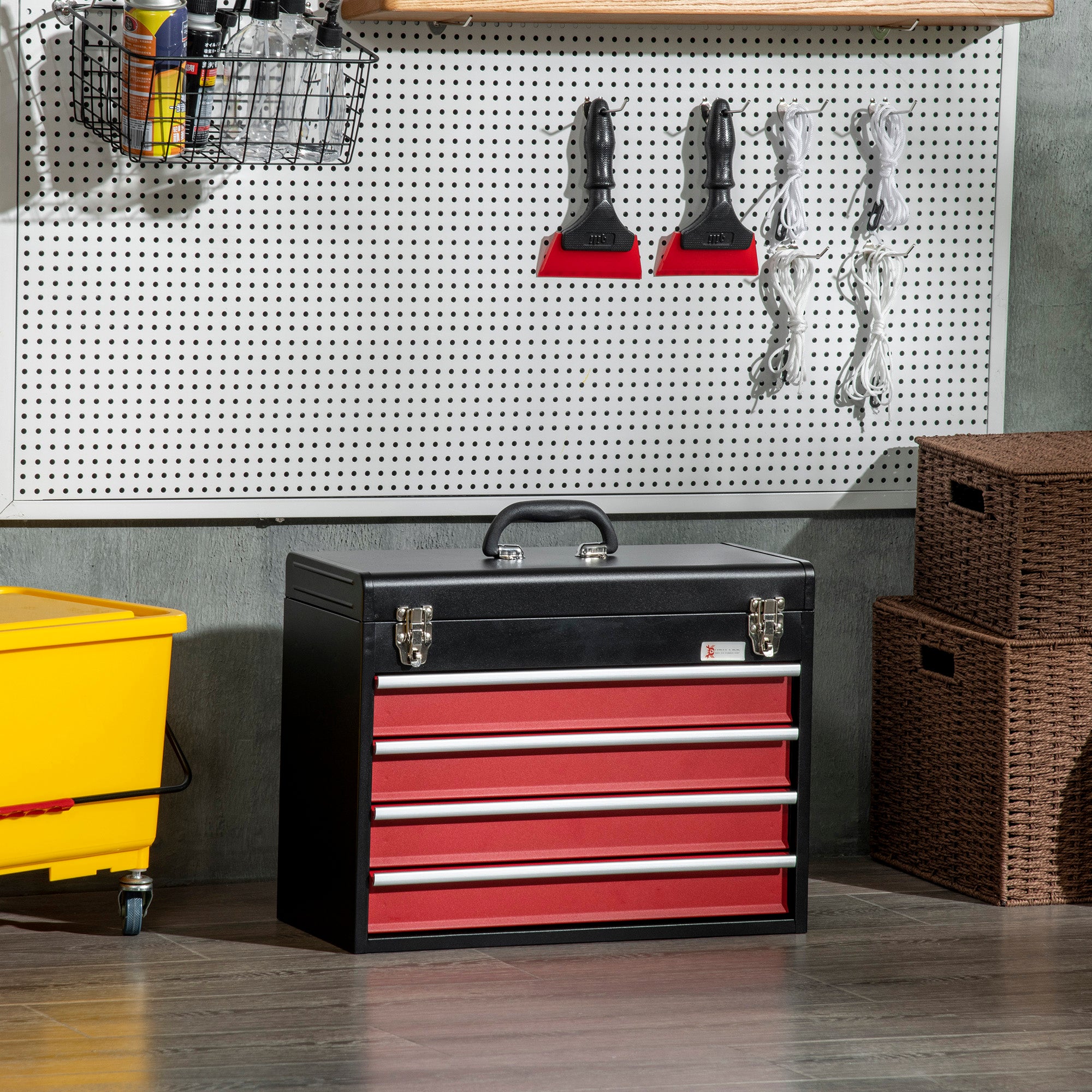 DURHAND 4 Drawer Tool Chest, Lockable Metal Tool Box with Ball Bearing Runners, Portable Toolbox, 510mm x 220mm x 395mm, Black - North Peak Garden Furniture
