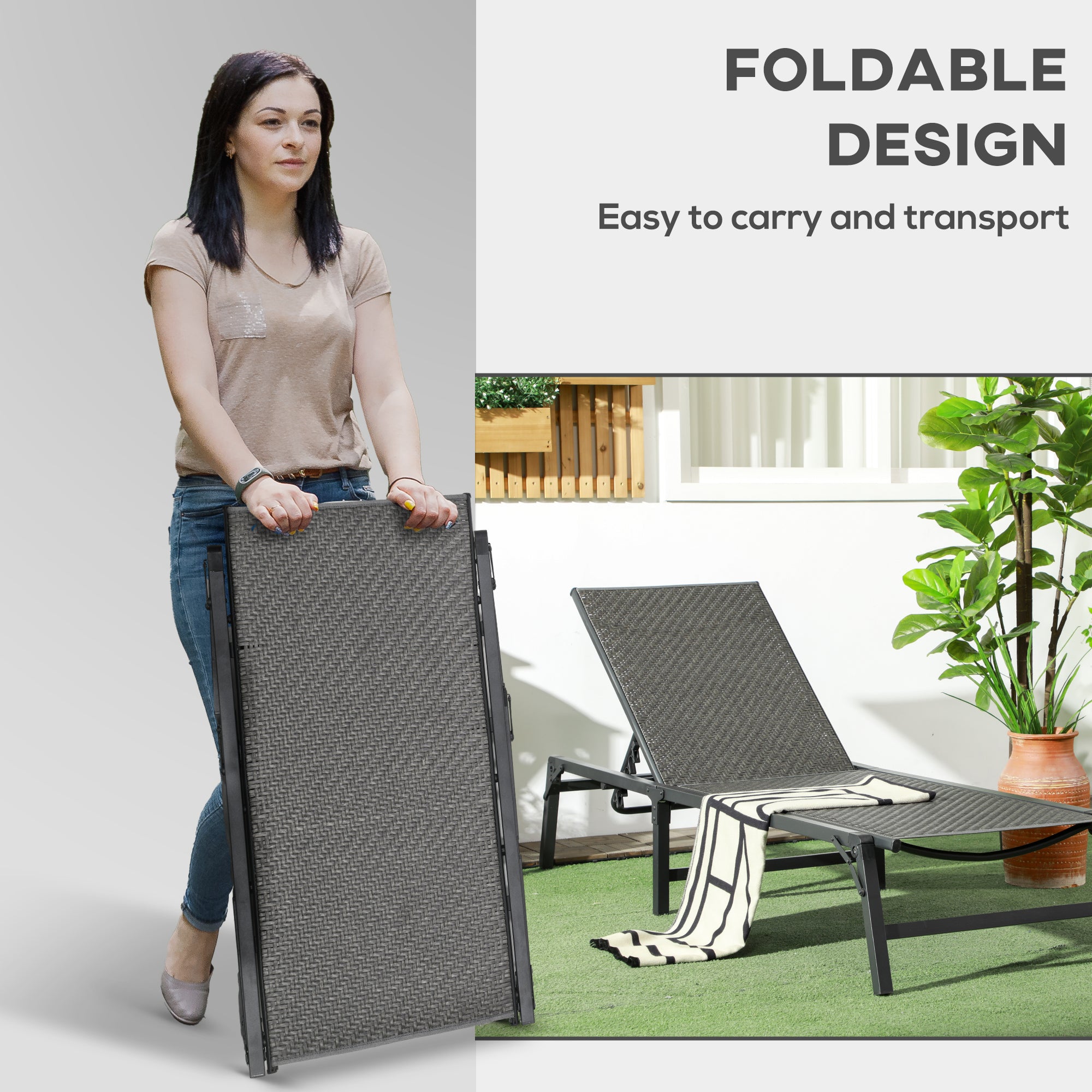 Outsunny Foldable Rattan Sun Lounger with 5-Level Adjust Backrest, Recliner Chair, Grey - North Peak Garden Furniture
