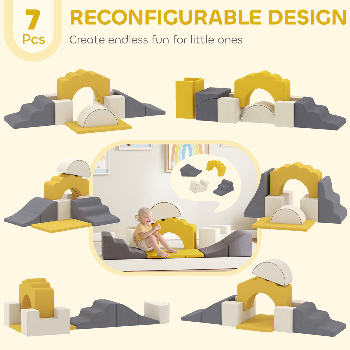 AIYAPLAY 7 Piece Kids Soft Play Set with Detachable Cover, Baby Indoor Climb and Crawl Foam Toy for Toddlers, Yellow