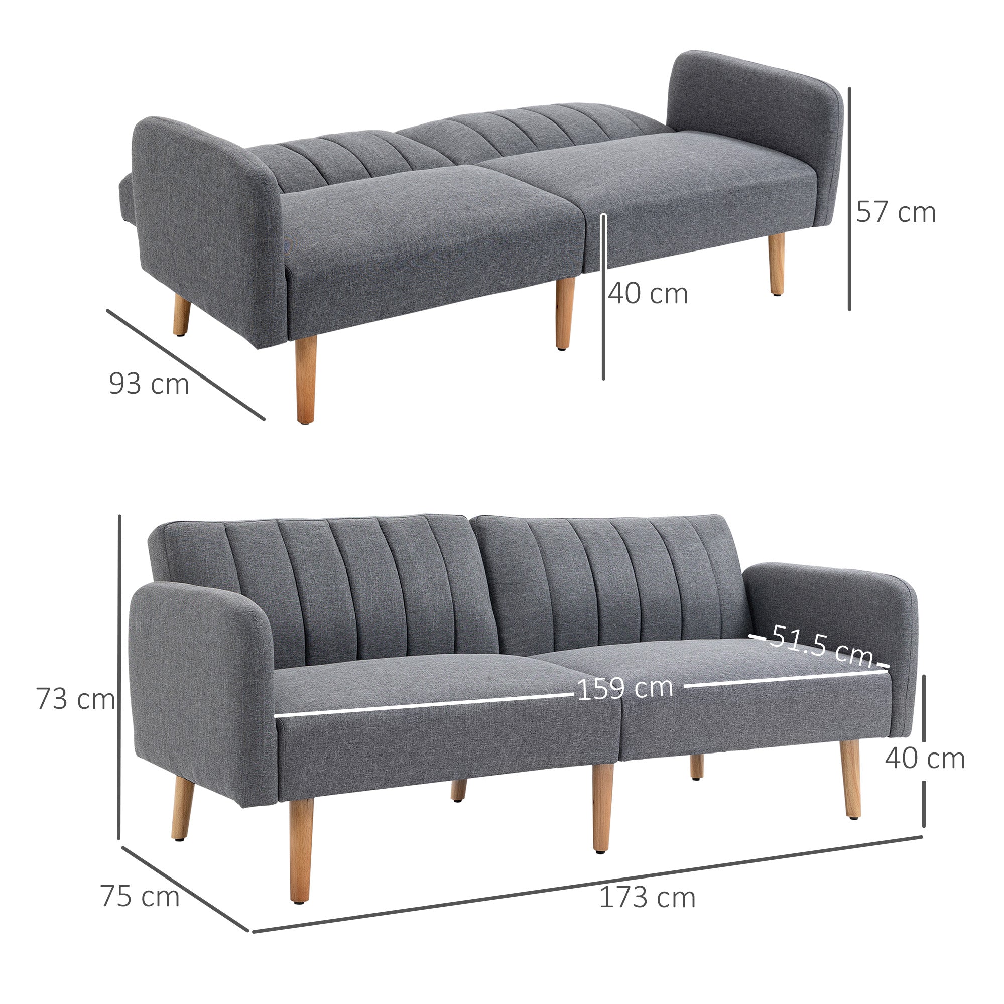 HOMCOM Two Seater Sofa Bed, Convertible Linen Fabric Sofa Couch, Click Clack Sofabed with Adjustable Split Backrest for Living Room, Bedroom, Guest Room, Grey - North Peak Garden Furniture