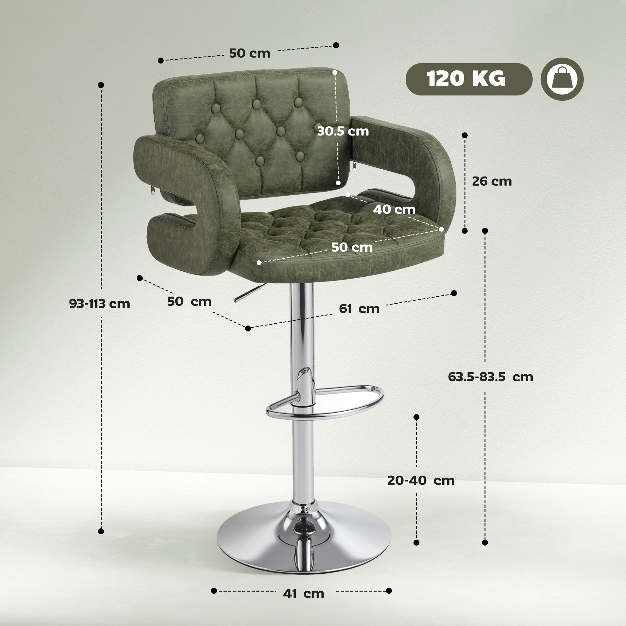HOMCOM PU Leather Upholstered Swivel Bar Stool, Height Adjustable with Back, Armrest, Footrest, Green