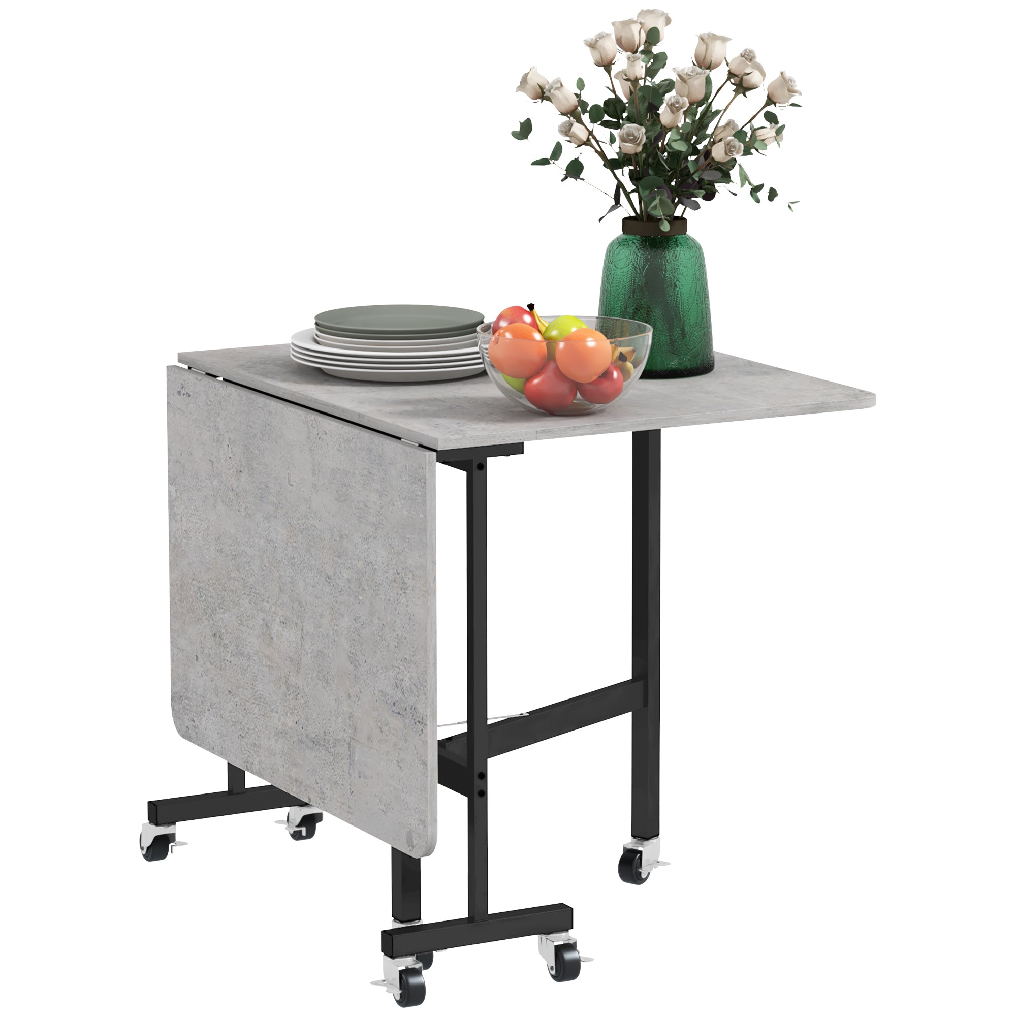 HOMCOM Drop Leaf Table, Folding Dining Table with Metal Frame, Rolling Kitchen Dining Table for Small Spaces, 120cm, Grey