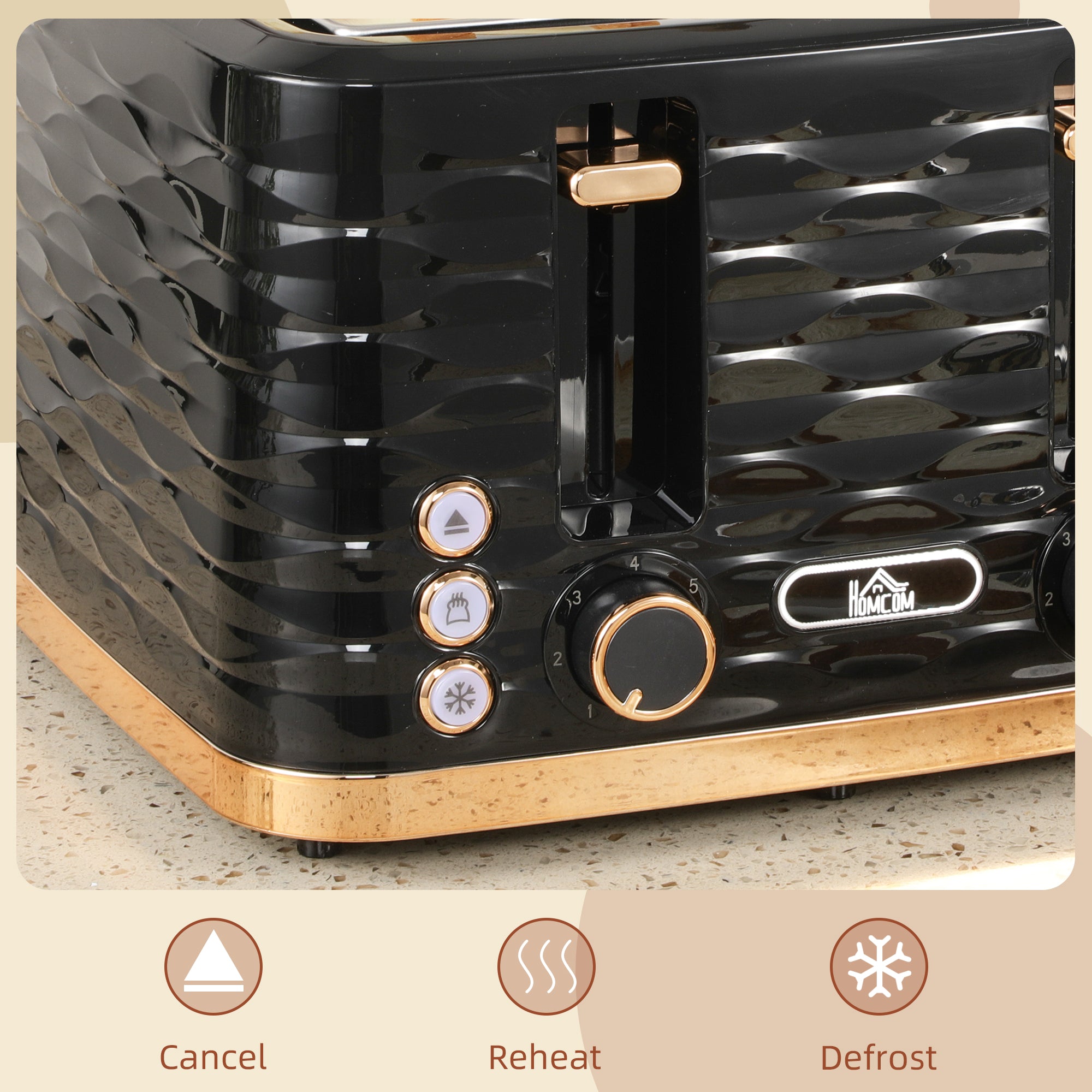 HOMCOM 4 Slice Toaster with 7 Browning Levels, High Lift, Reheat/Defrost/Cancel, Self-centring Function, Removable Crumb Tray, Auto Off, 1600W, Black Water Ripple Texture - North Peak Garden Furniture