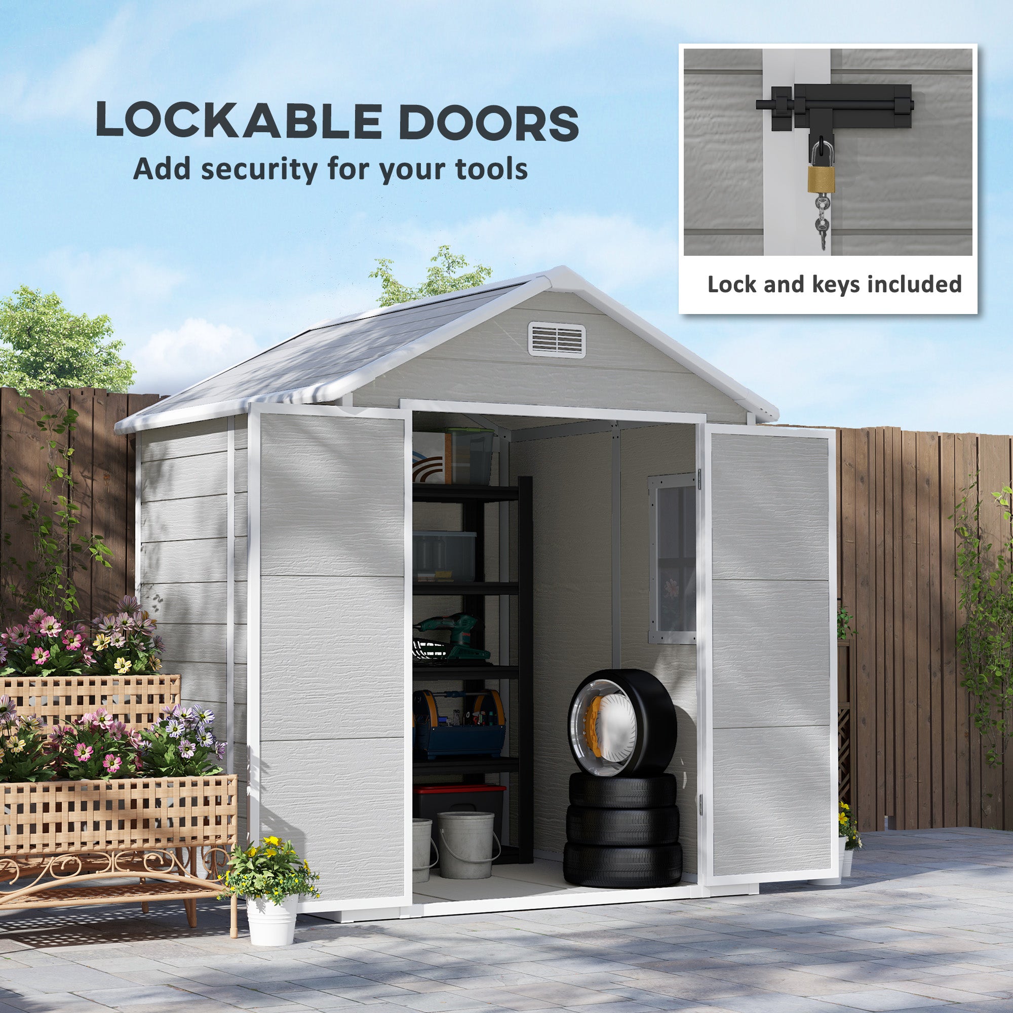 Outsunny 6 x 5ft Garden Shed, Plastic Shed with Floor, Window, Lockable Doors and Vents, Wood Effect Resin Tool Shed for Outdoor Patio, Dark Grey - North Peak Garden Furniture