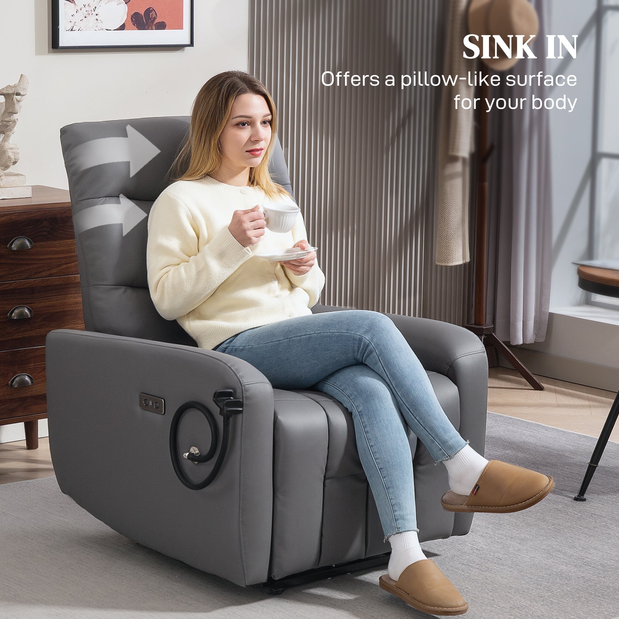 HOMCOM Electric Recliner Armchair with USB + Type C Charge Port, Phone Holder, PU Leather Reclining Chair with Adjustable Leg Rest, Recliner Chair for Home Living Room Theater, Grey - North Peak Garden Furniture