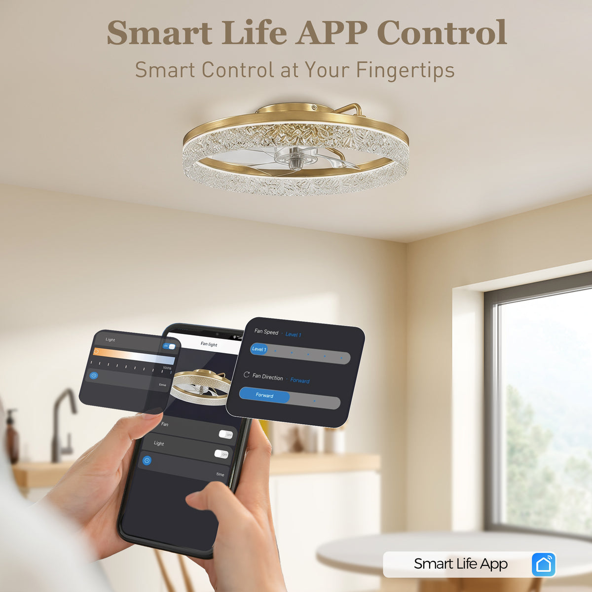HOMCOM Ceiling Fan with Lights, Dimmable LED Mount Ceiling Fan Light with Remote App Control for Bedroom, Gold Tone