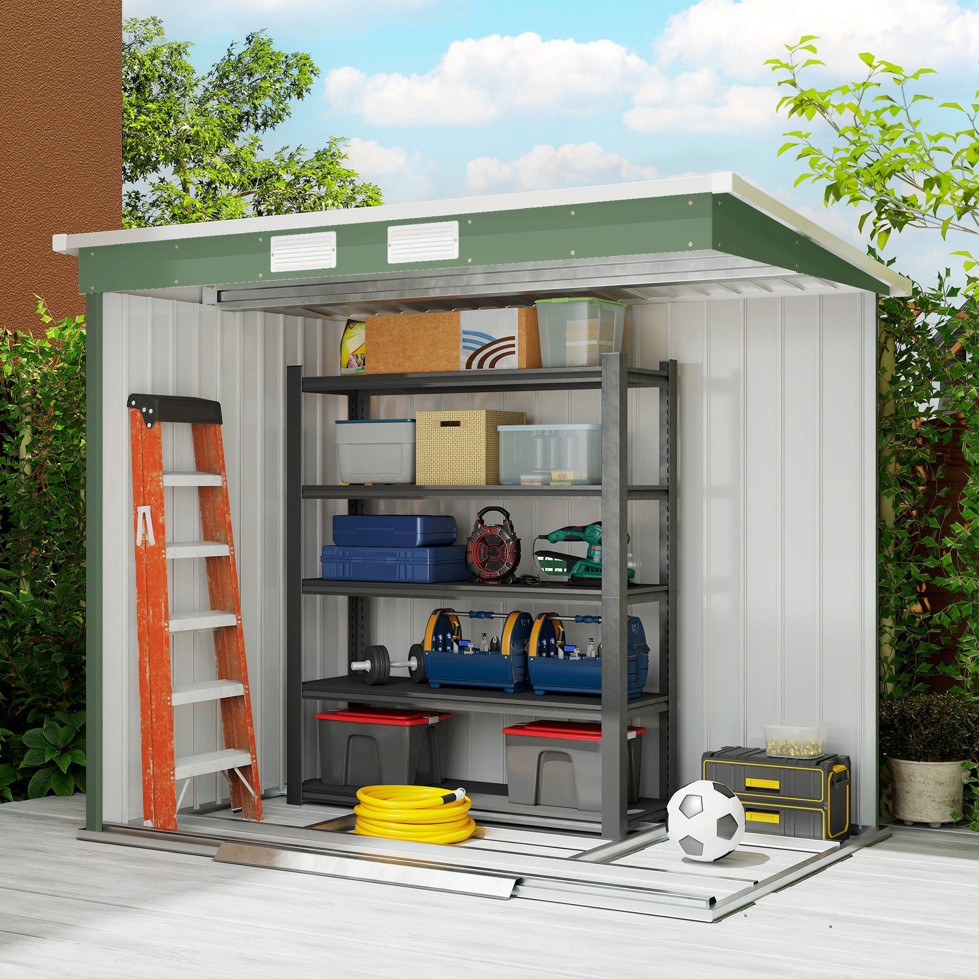 Outsunny 7 x 4ft Lean to Garden Shed with Foundation Kit, Double Door and Vents, Outdoor Metal Storage Shed for Equipment Tools, Green