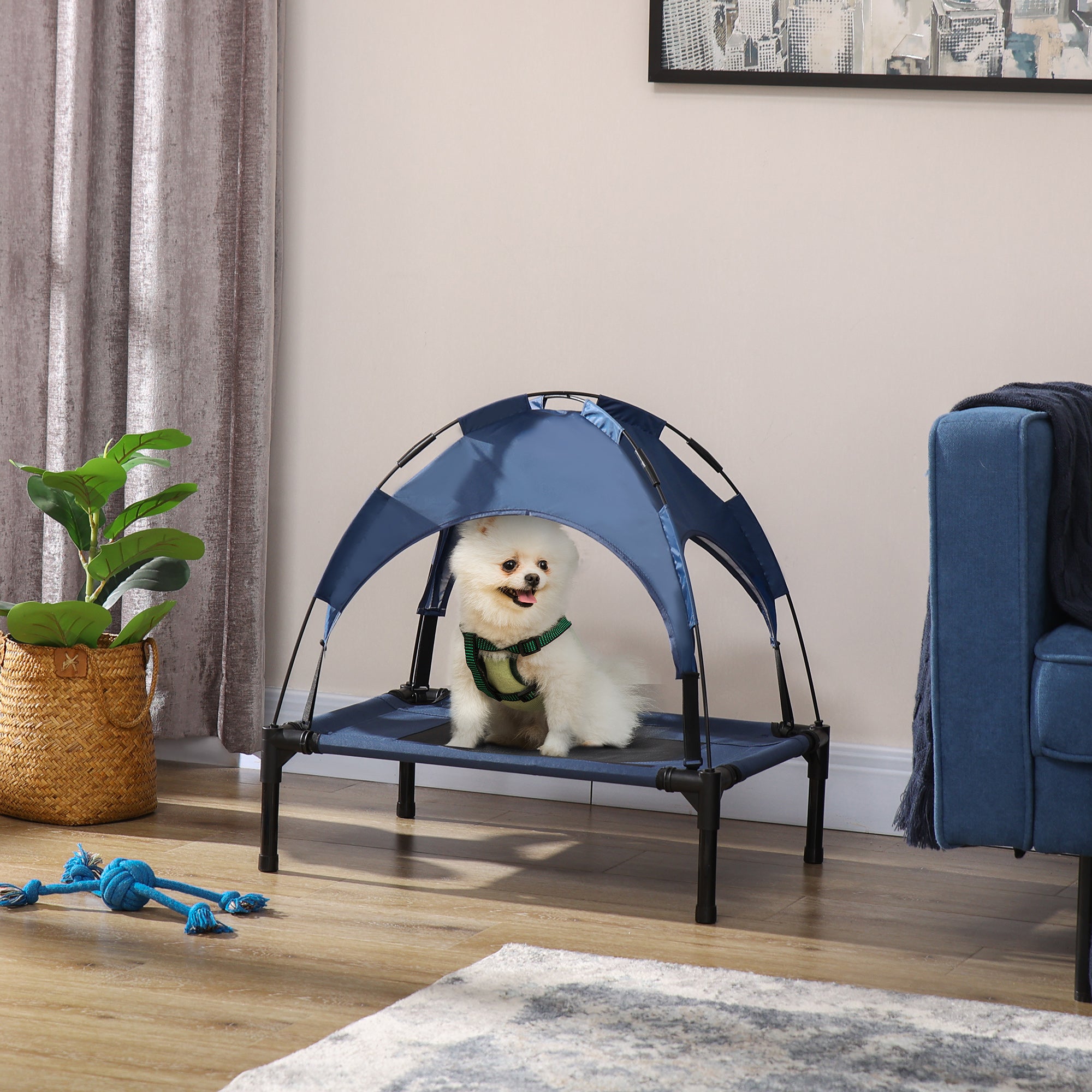 PawHut Raised Dog Bed Waterproof Elevated Pet Cot with Breathable Mesh UV Protection Canopy Blue, for Small Dogs, 61 x 46 x 62cm - North Peak Garden Furniture