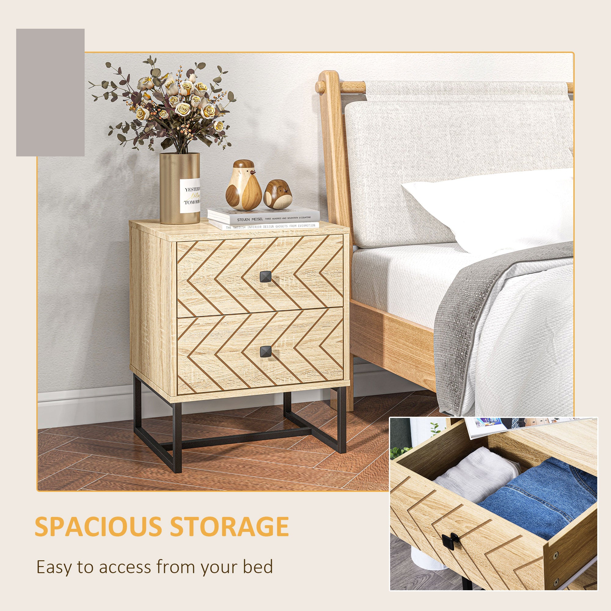 HOMCOM Bedside Table Nightstand Two-Drawer Bedroom Storage Unit Zig Zag Design with Black Metal Handles, Set of 2, Natural - North Peak Garden Furniture