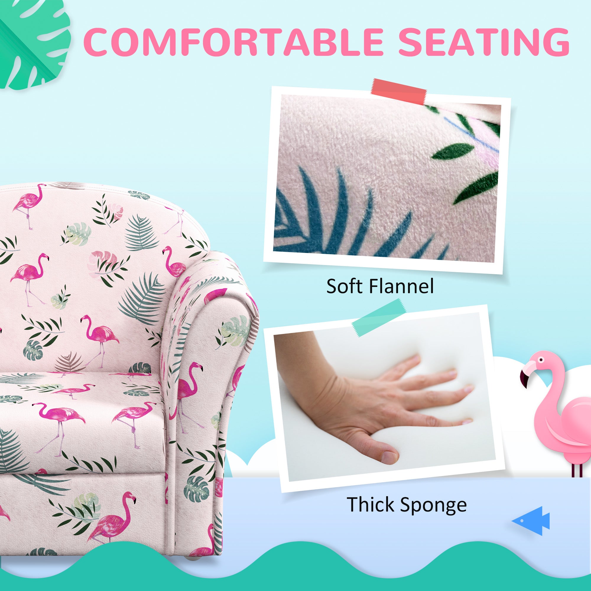 AIYAPLAY Kids Armchair with Flamingo Design, Wooden Frame, for Bedroom, Playroom, Kids Room, Pink - North Peak Garden Furniture