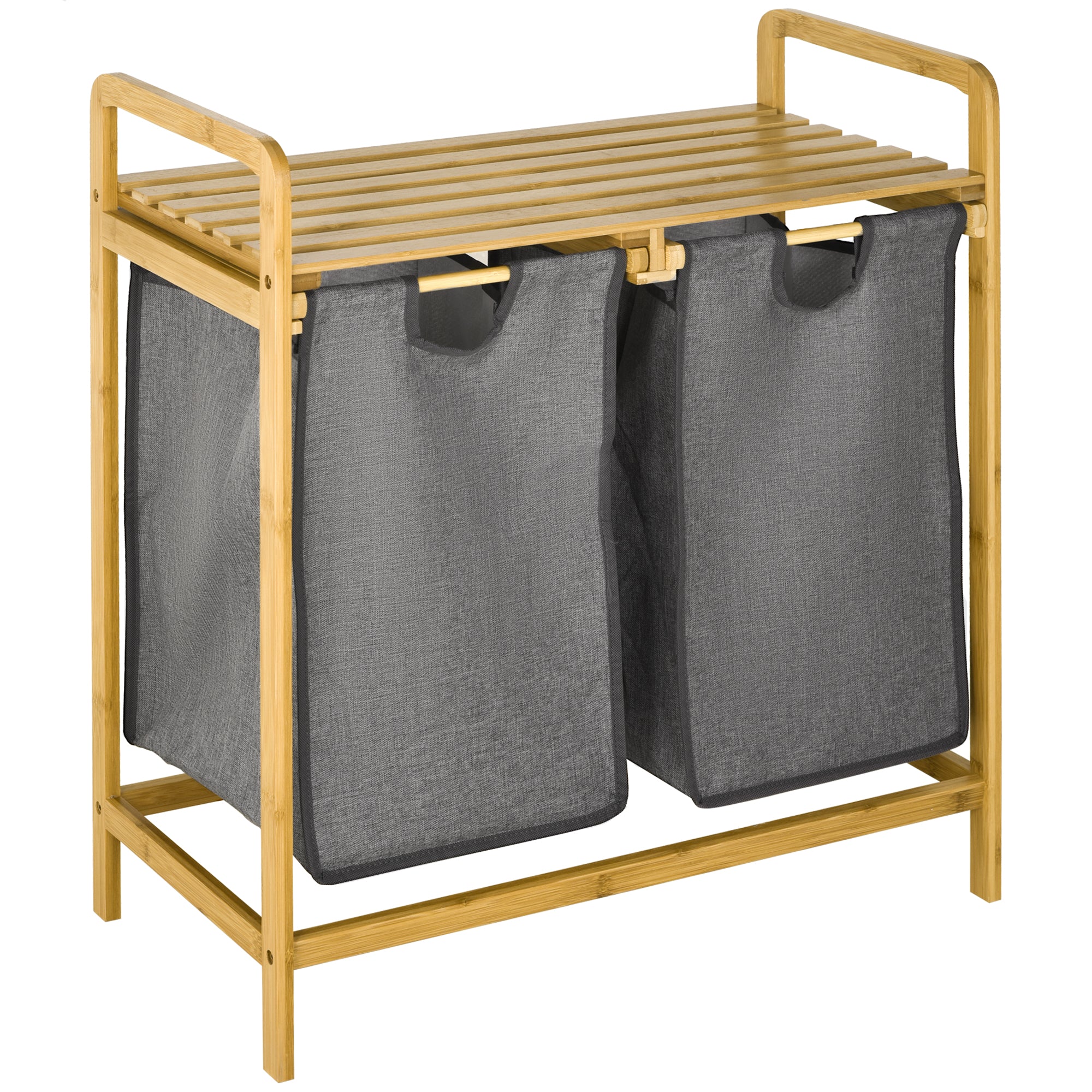 HOMCOM Bamboo Laundry Basket, Laundry Hamper with Shelf, Pull-out Bags for Bedroom, Bathroom, Laundry Room, 64 x 33 x 73 cm, Grey - North Peak Garden Furniture