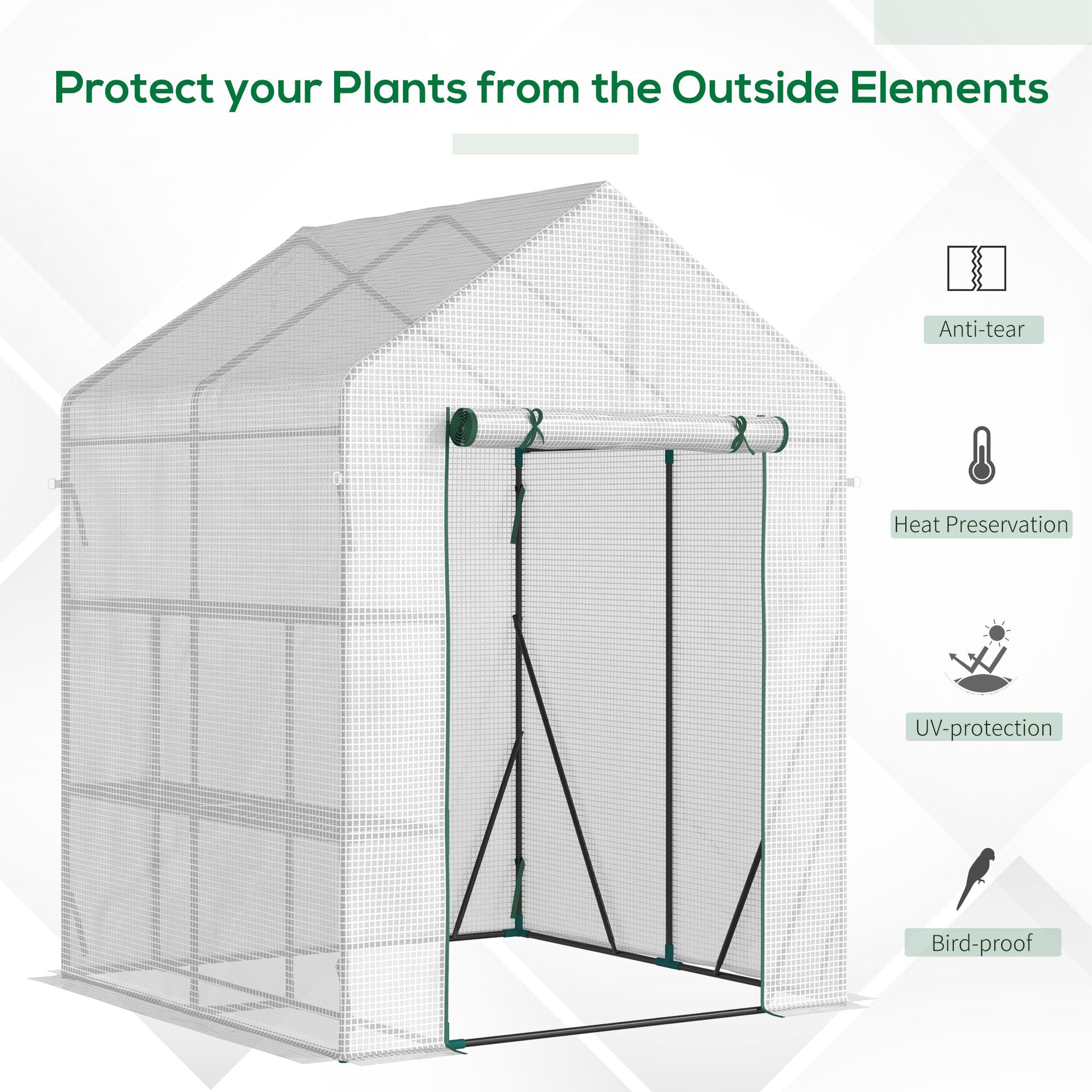 Outsunny Greenhouse for Outdoor, Portable Gardening Plant Grow House with 2 Tier Shelf, Roll-Up Zippered Door, PE Cover, 143 x 143 x 195cm, Green - North Peak Garden Furniture
