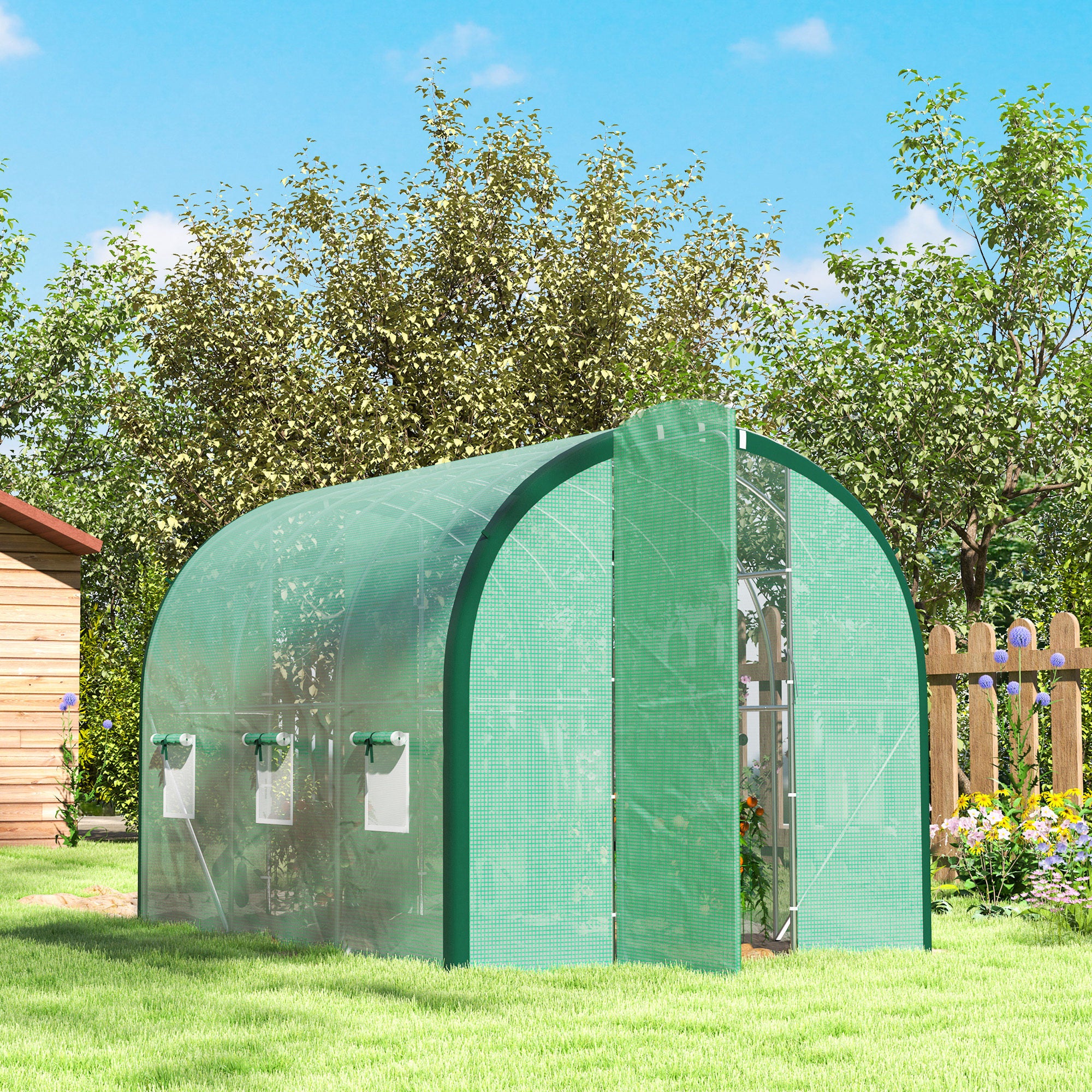 Outsunny 3 x 2(m) Polytunnel Greenhouse, with Windows and Doors - Green - North Peak Garden Furniture