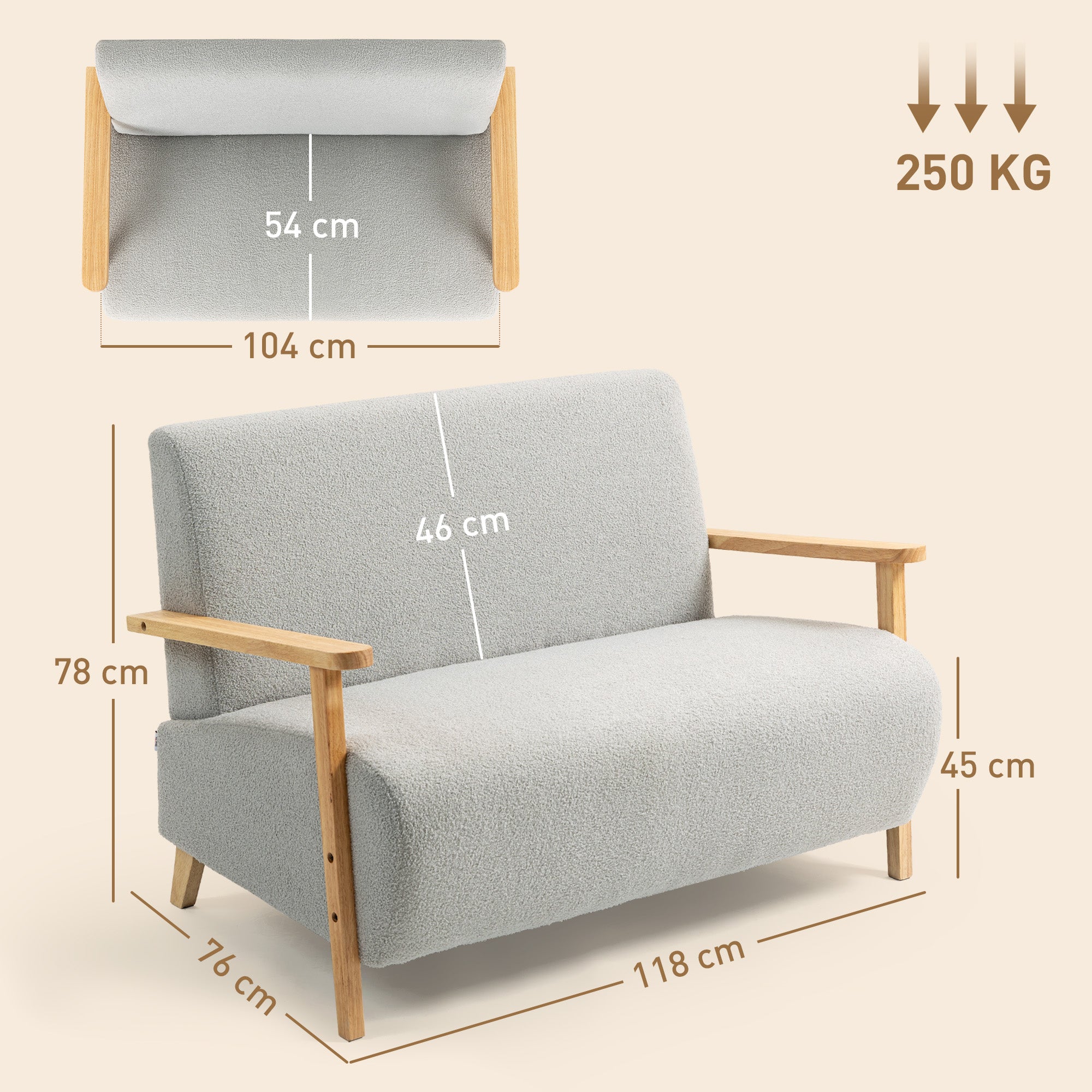 HOMCOM Small Sherpa Fabric 2 Seater Sofa Settee - Light Grey - North Peak Garden Furniture
