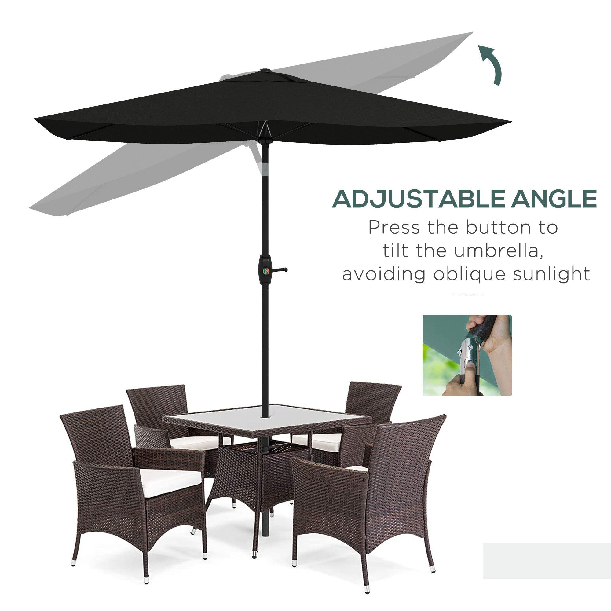 Outsunny 2 x 3(m) Garden Parasol Umbrella, Rectangular Outdoor Market Umbrella Sun Shade with Crank & Push Button Tilt, 6 Ribs, Aluminium Pole, Black - North Peak Garden Furniture