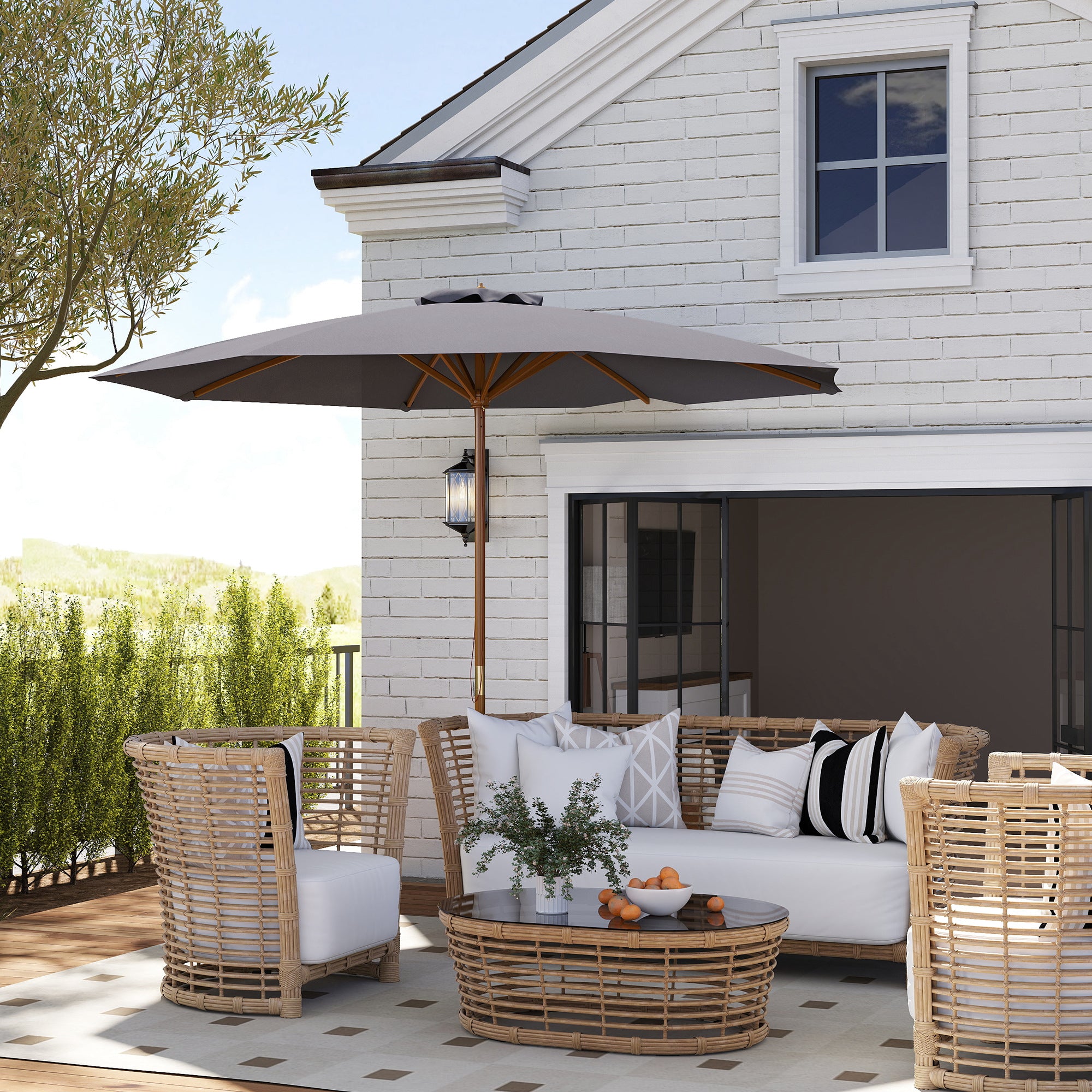Outsunny 3m Wood Pole Parasol Umbrella - Grey - North Peak Garden Furniture
