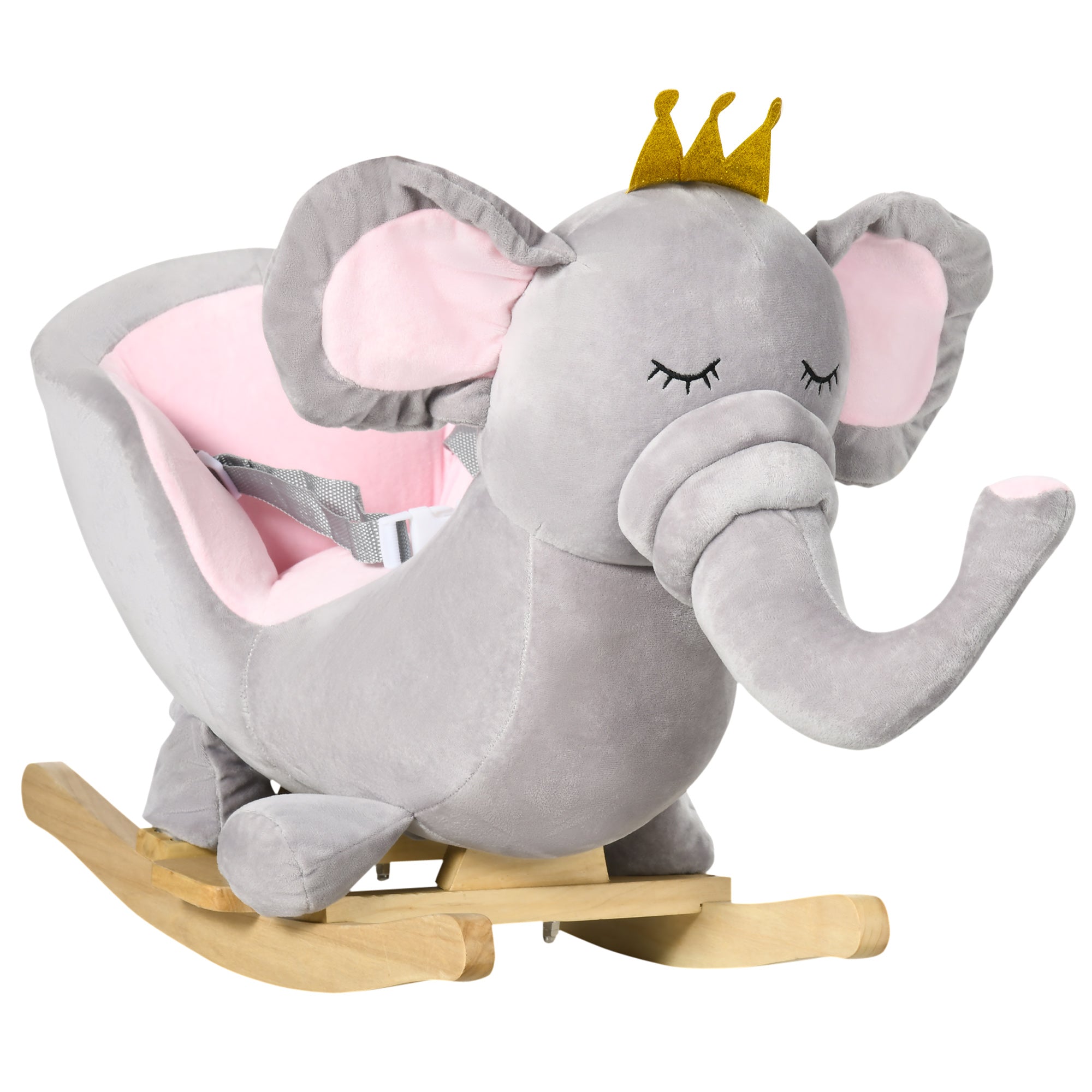 HOMCOM Kids Elephant-Designed Rocking Horse, with Safety Belt, Wooden Base, for Ages 18-36 Months - Grey - North Peak Garden Furniture