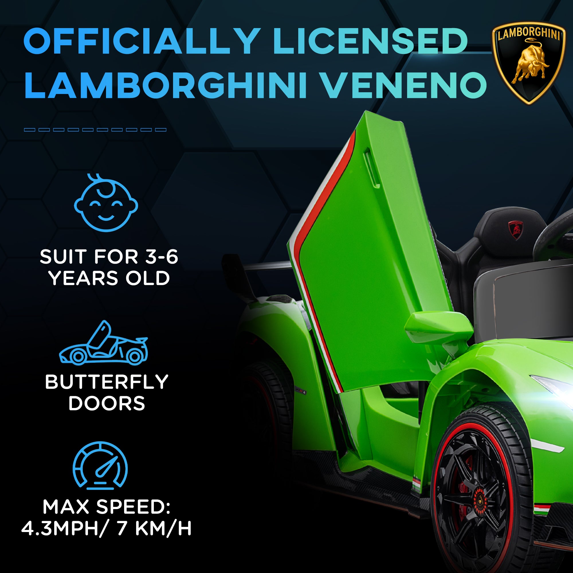 HOMCOM Lamborghini Veneno Licensed Electric Ride-On Car, with Remote, Music, Horn - Green