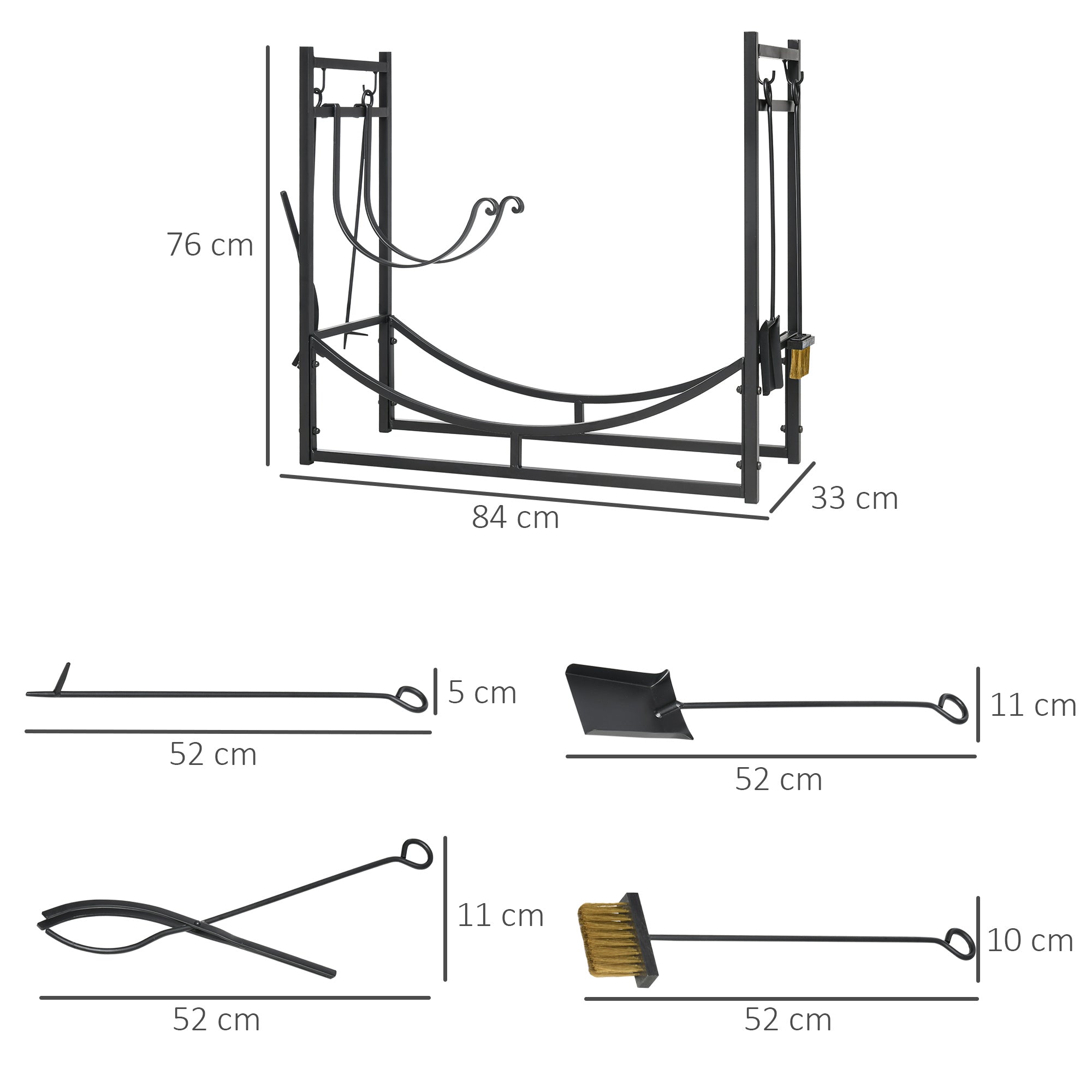 Outsunny Metal Firewood Log Holder Indoor Outdoor Firewood Rack Fireplace 2 Tier Wood Storage Shelf with 4 Tools, Hooks, Scrolls, Black, 84W x 33D x 76H cm - North Peak Garden Furniture