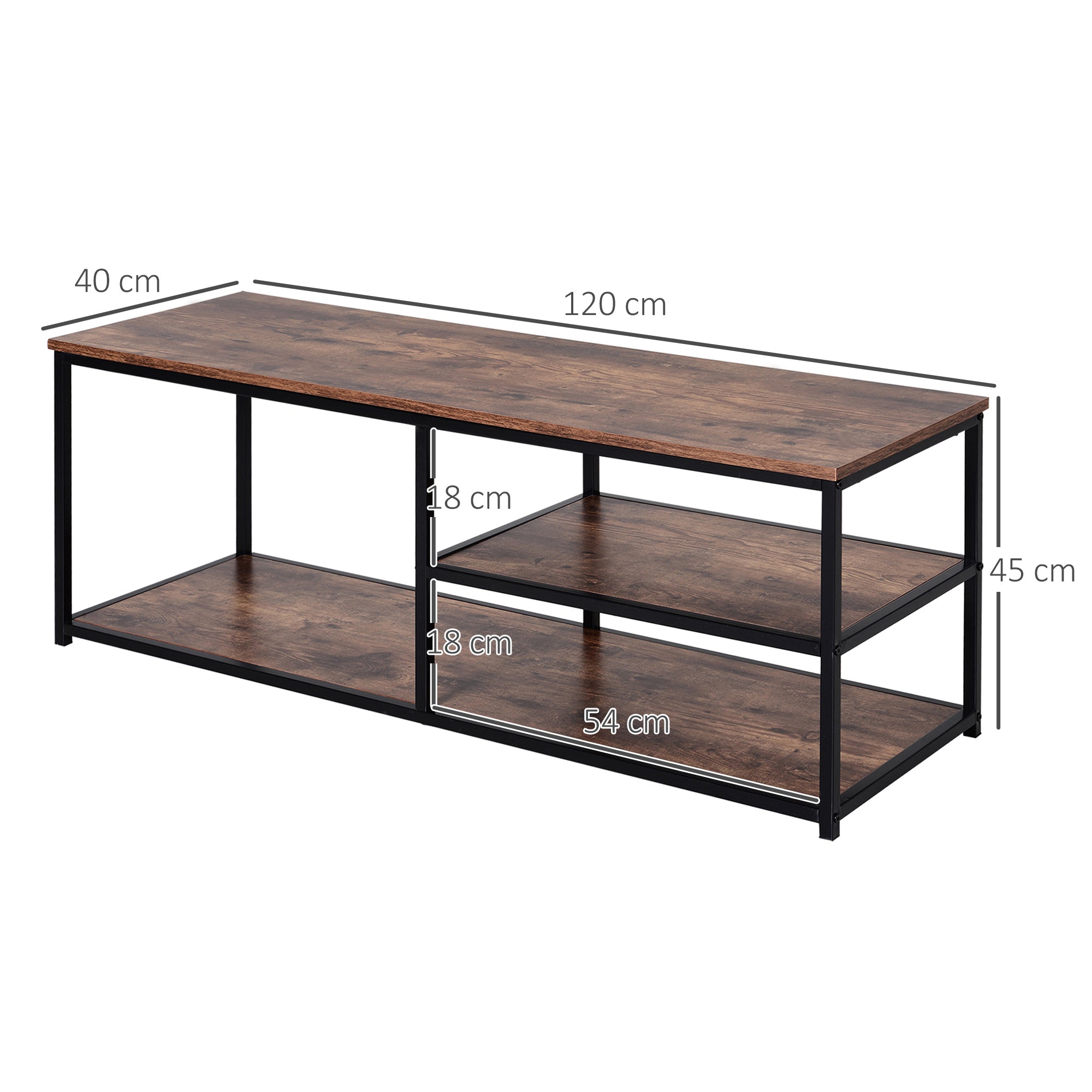 HOMCOM TV Unit for 55 inch TVs, Industrial TV Table with 2 Storage Shelves and Metal Frame, Entertainment Unit For living Room, Rustic Brown - North Peak Garden Furniture