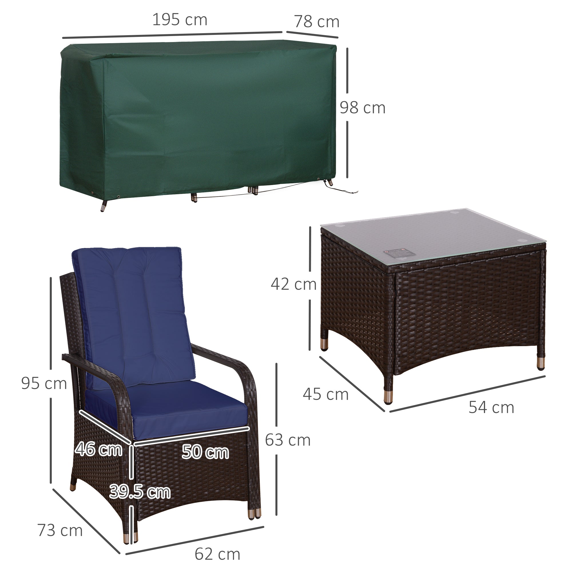 Outsunny 3 Pieces Rattan Bistro Set with Furniture Cover, Wicker Garden Furniture Set, Glass Top Coffee Table and Chairs with Cushions for Outdoor, Patio, Balcony, Dark Blue - North Peak Garden Furniture