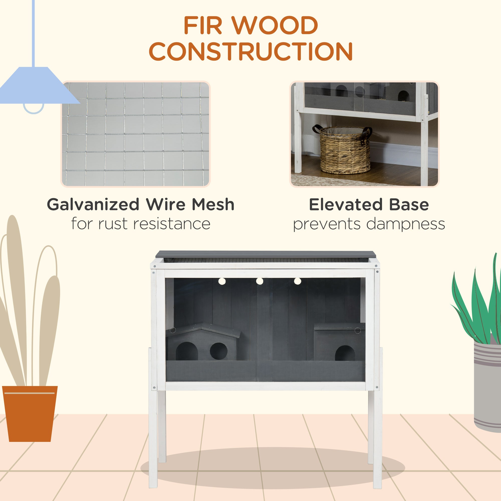 PawHut Wooden Hamster Cage for Dwarf Hamsters, Gerbils, Rutin Chicken, with Shelf, Two Huts - Grey - North Peak Garden Furniture
