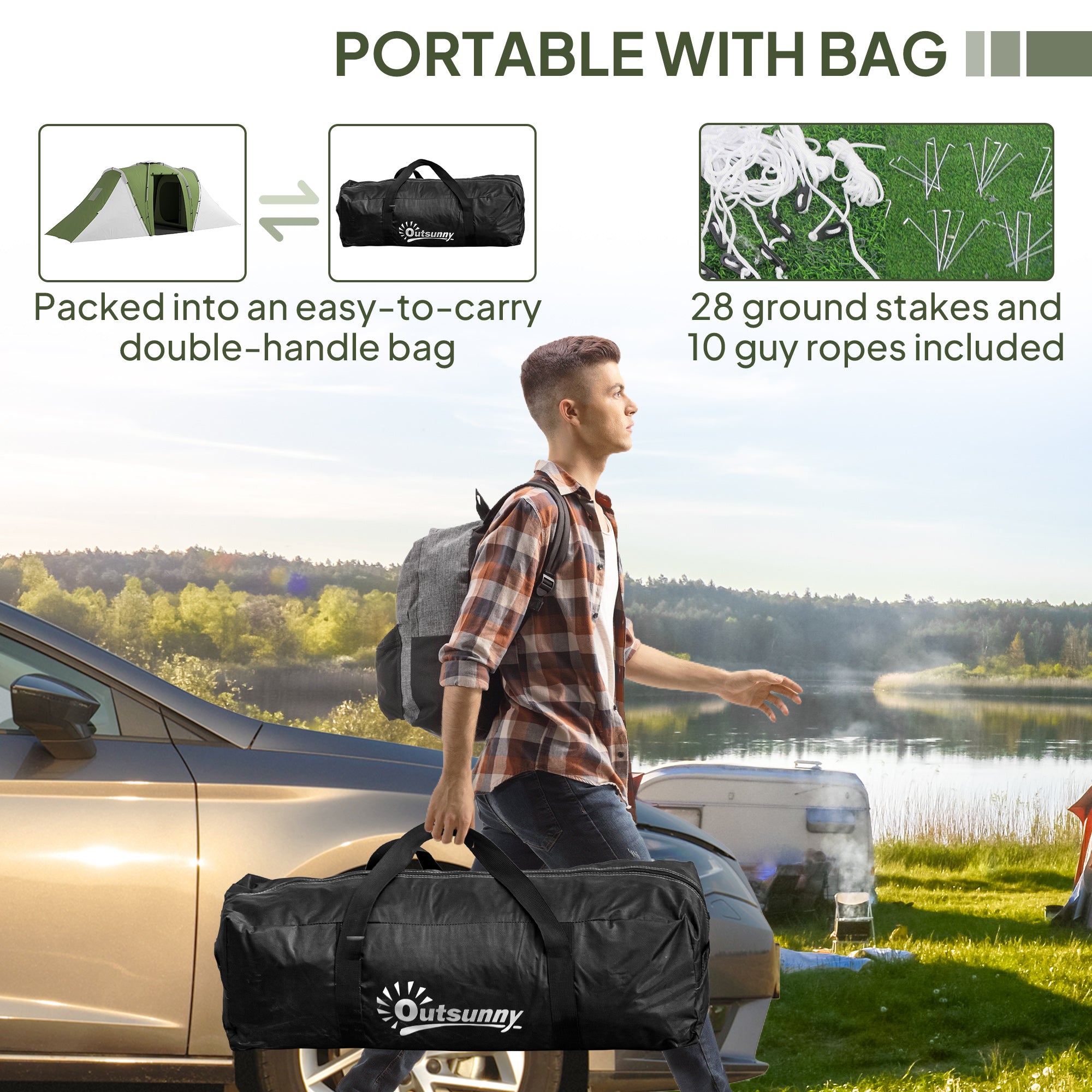 Outsunny Large Camping Tent Tunnel Tent with 2 Bedroom and Living Area, 2000mm Waterproof, Portable with Bag for 4-6 Man, Green - North Peak Garden Furniture