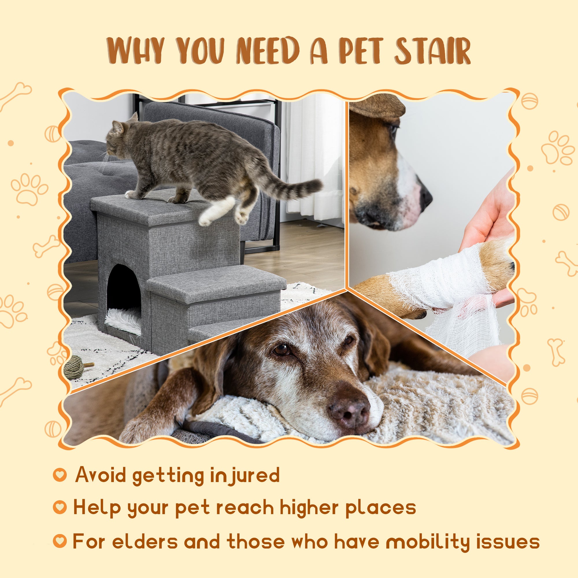 PawHut Dog Steps 3-step Pet Stairs with Kitten House and 2 Storage Boxes, 3 in 1 Dog Ramp for Sofa with Washable Plush Cushion