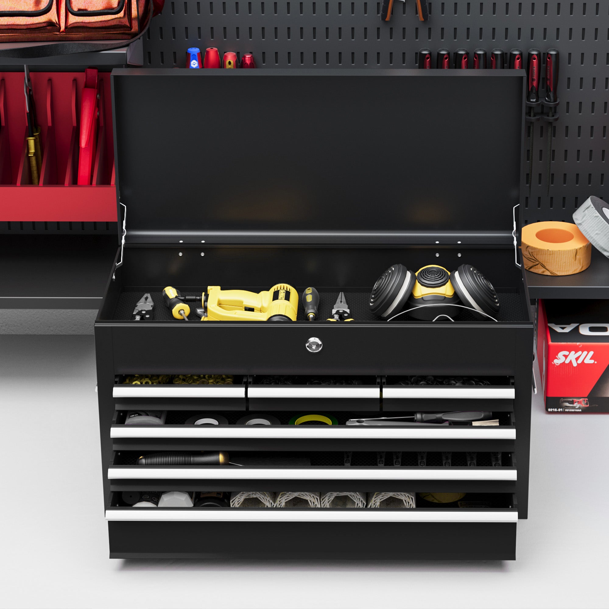 HOMCOM Steel Six Drawer Tool Storage Carry Chest, with Lock and Keys - Black - North Peak Garden Furniture