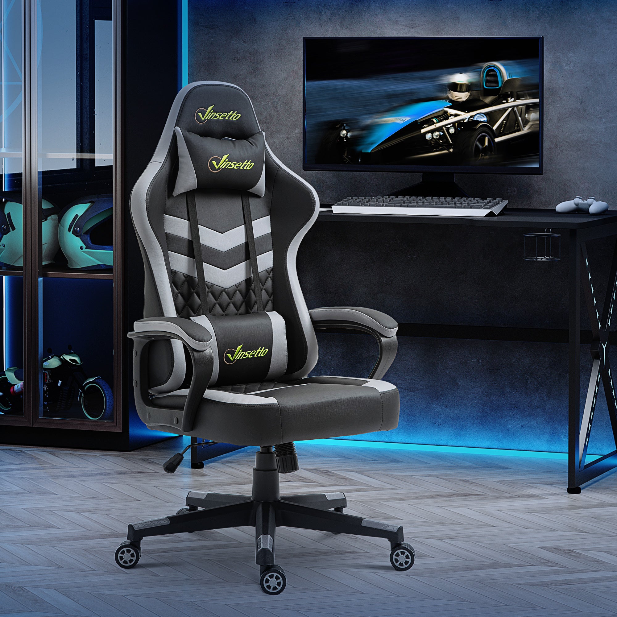 Vinsetto Gaming Chair, Computer Desk Chair with Lumbar Support, Faux Leather Racing Chair with Headrest and Swivel Wheels for Home Office, Black Grey - North Peak Garden Furniture