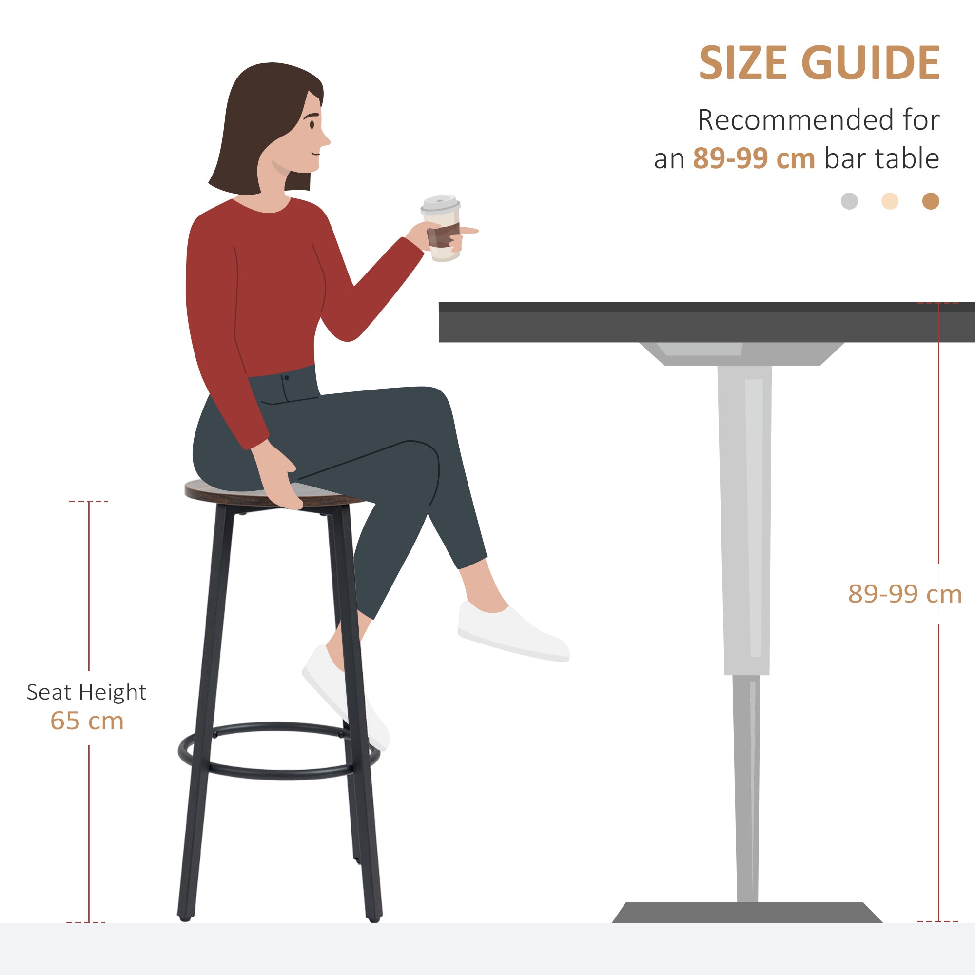 HOMCOM Bar Stools, Set of 2 Kitchen Breakfast Stools with Sturdy Steel Frame, Industrial Tall Bar Chairs, 65cm High Seat, Rustic Brown - North Peak Garden Furniture