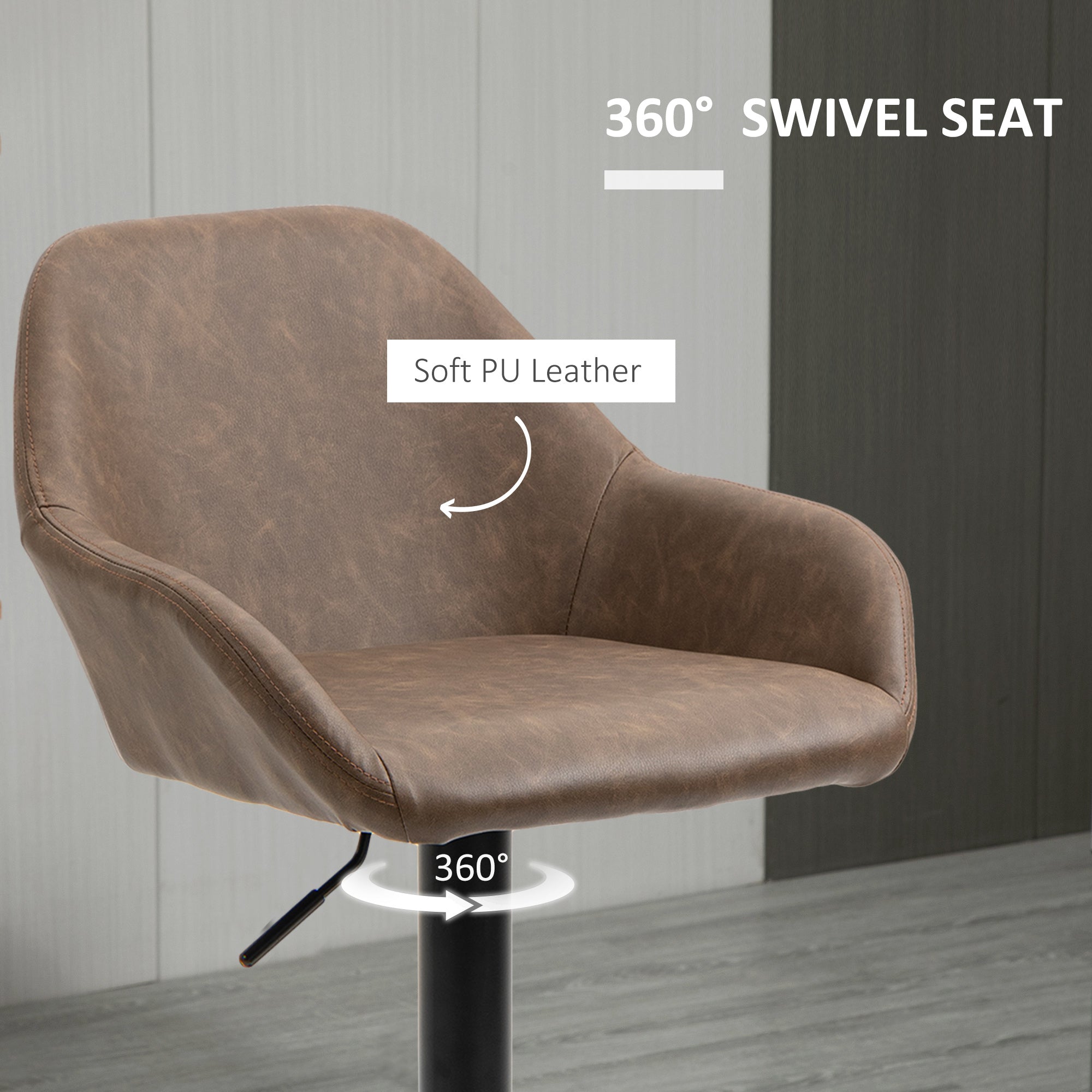 HOMCOM Adjustable Bar Stools Set of 2, Swivel Barstools with Footrest and Backrest, PU Leather and Steel Base, for Kitchen Counter and Dining Room, Dark Brown - North Peak Garden Furniture