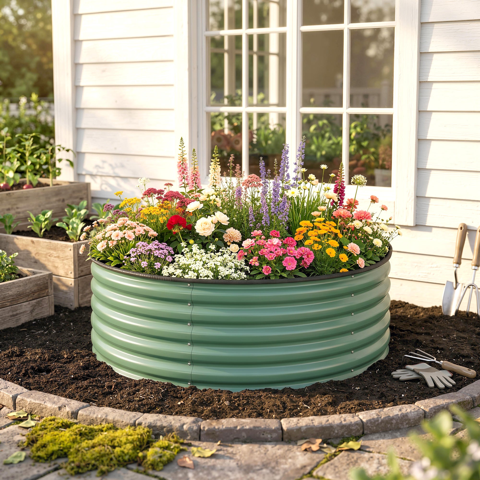 Outsunny Galvanised Raised Garden Bed with Safety Edging, Outdoor Raised Planter Box with Gloves, 120 x 120 x 43cm, Light Green