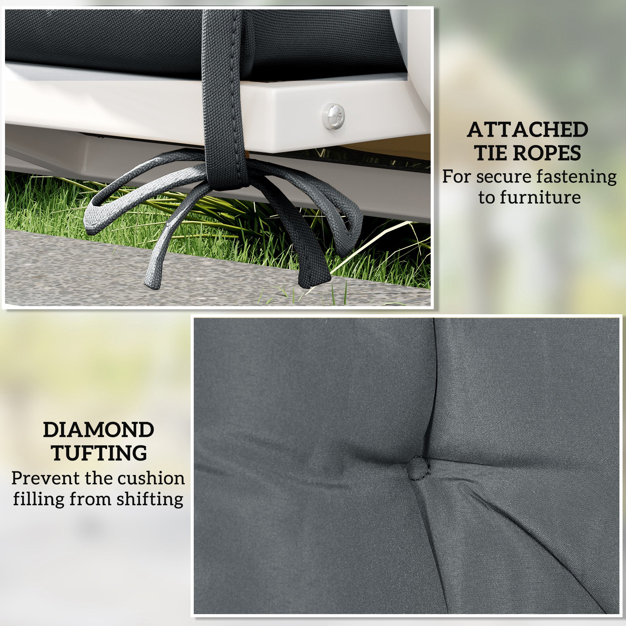 Outsunny 2 Seater Bench Cushion, Garden Chair Cushion with Back and Ties for Indoor and Outdoor Use, 98 x 100 cm, Dark Grey