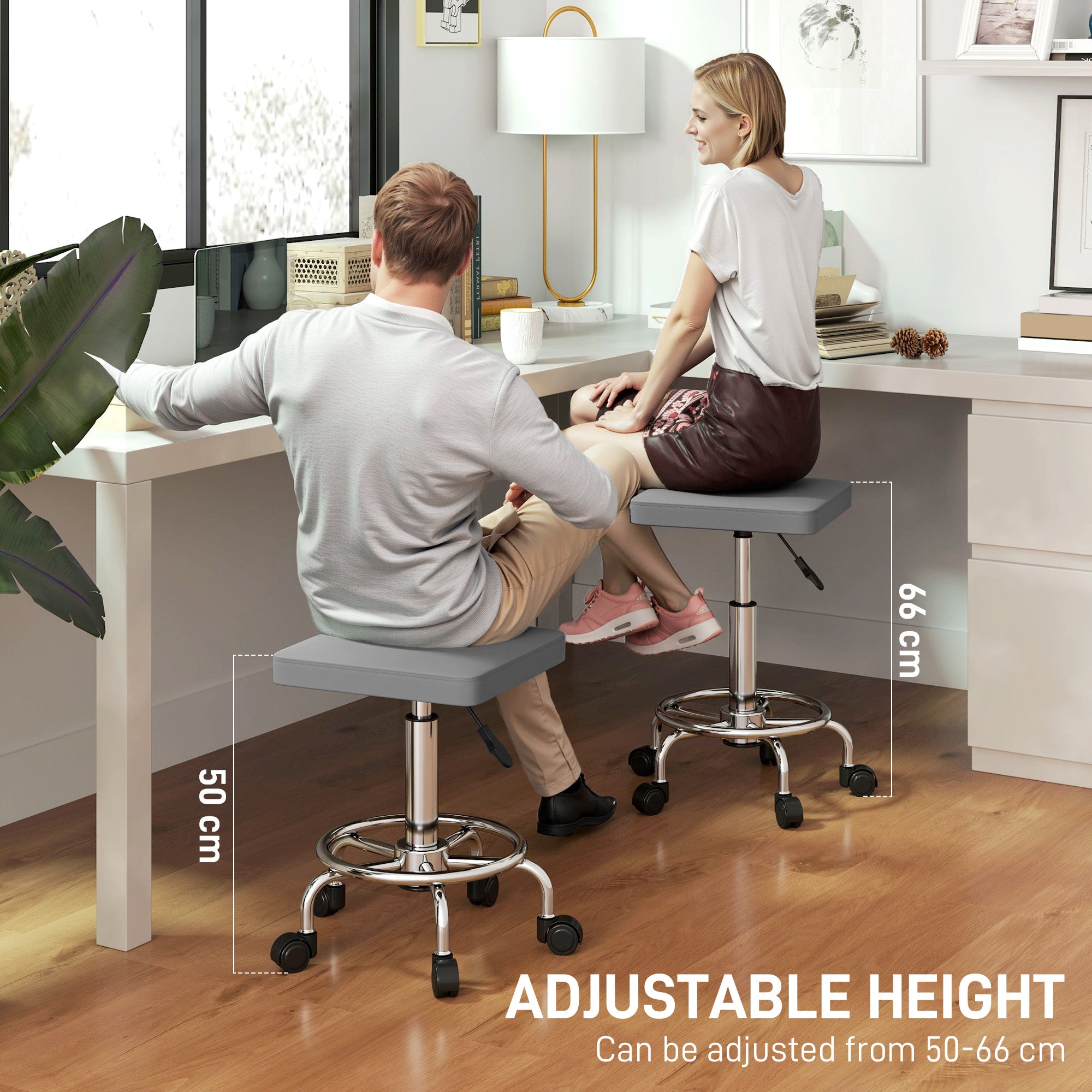 HOMCOM Adjustable PU Leather Rolling Stool - Grey - North Peak Garden Furniture